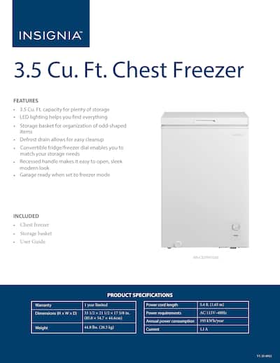 Insignia™ 3.5 Cu. Ft. Garage Ready Chest Freezer White NS Insignia™ 3.5 Cu. Ft. Garage Ready Chest Freezer White NS