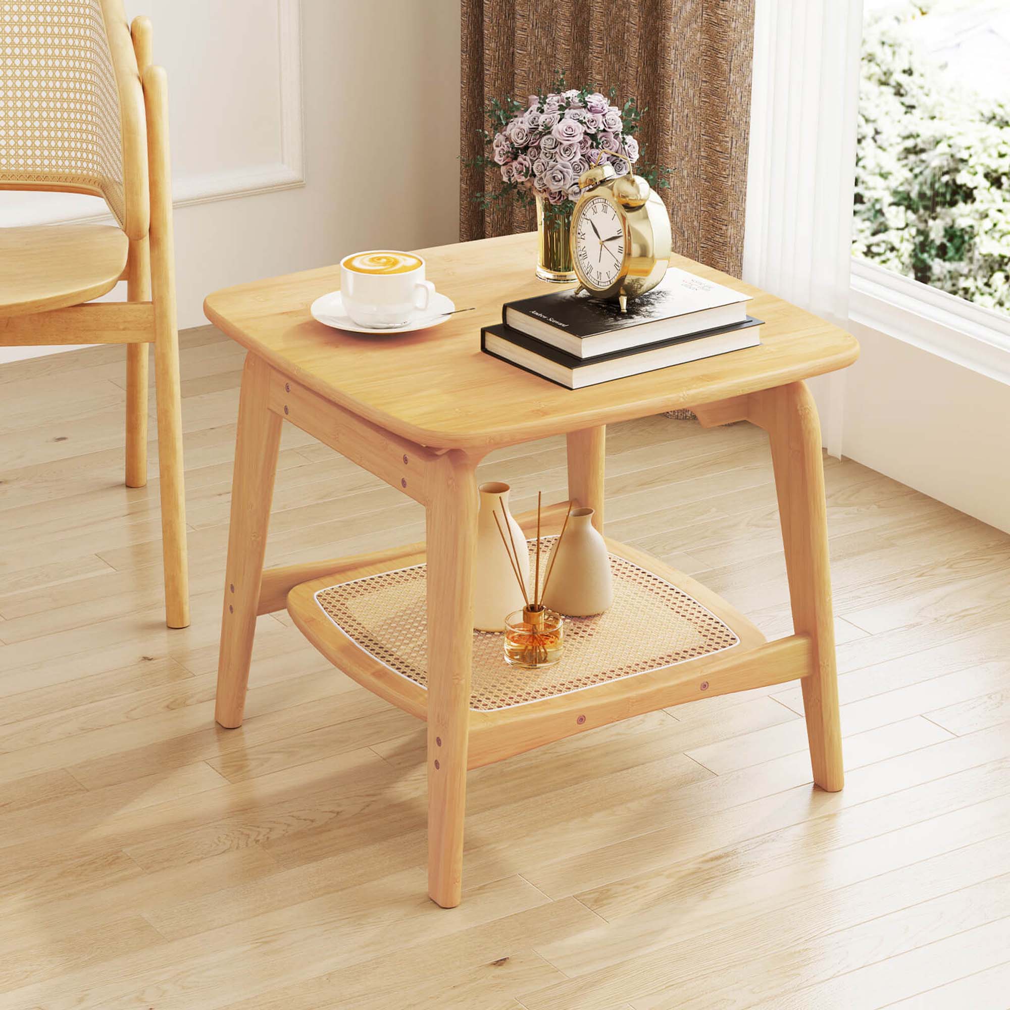 Alt View 1. Costway - 2 PCS Bamboo Sofa Side Table with Faux Rattan Storage Shelf Boho End Table - Natural.