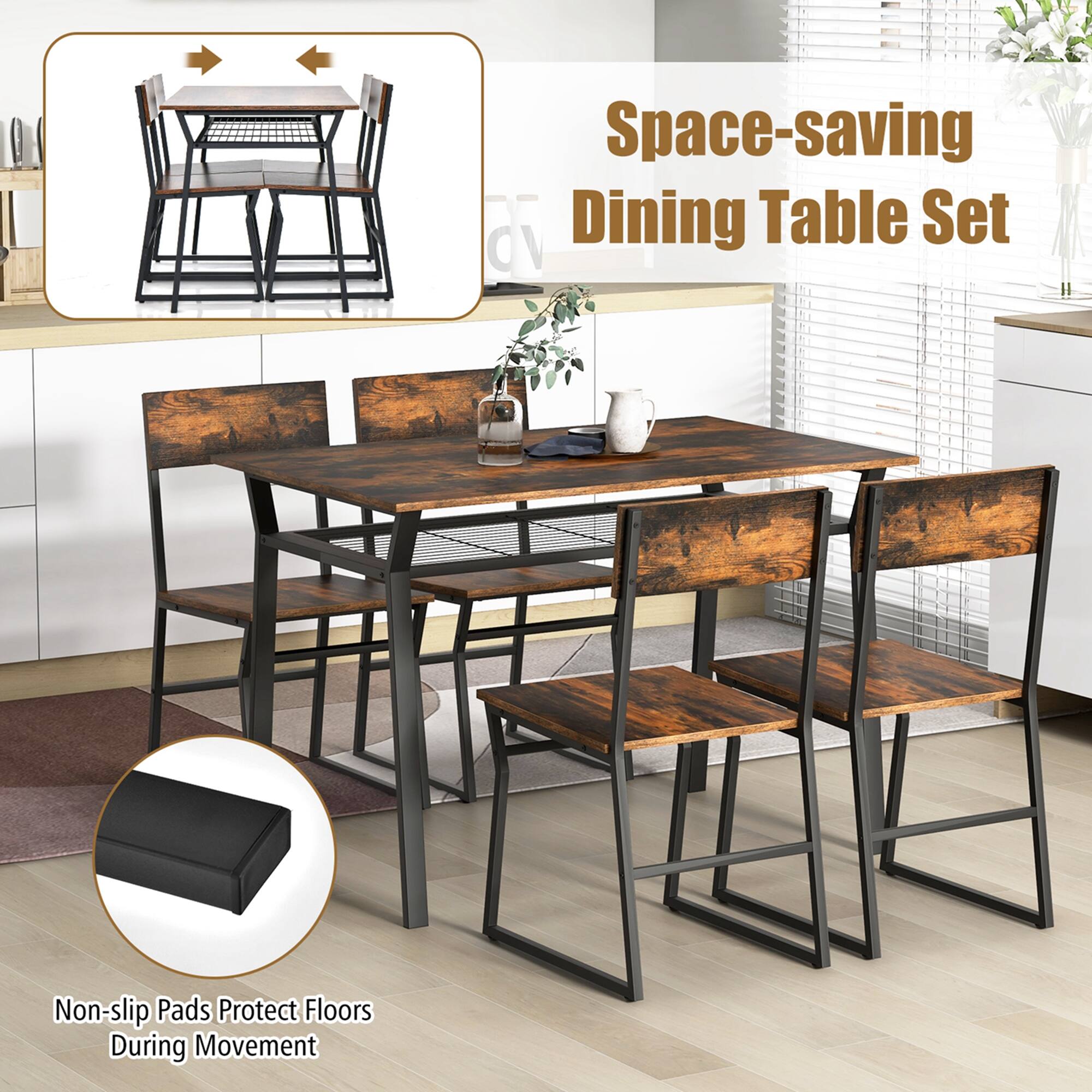 Space-saving Dining Table Set with Non-slip Pads to Protect Floors During Movement.