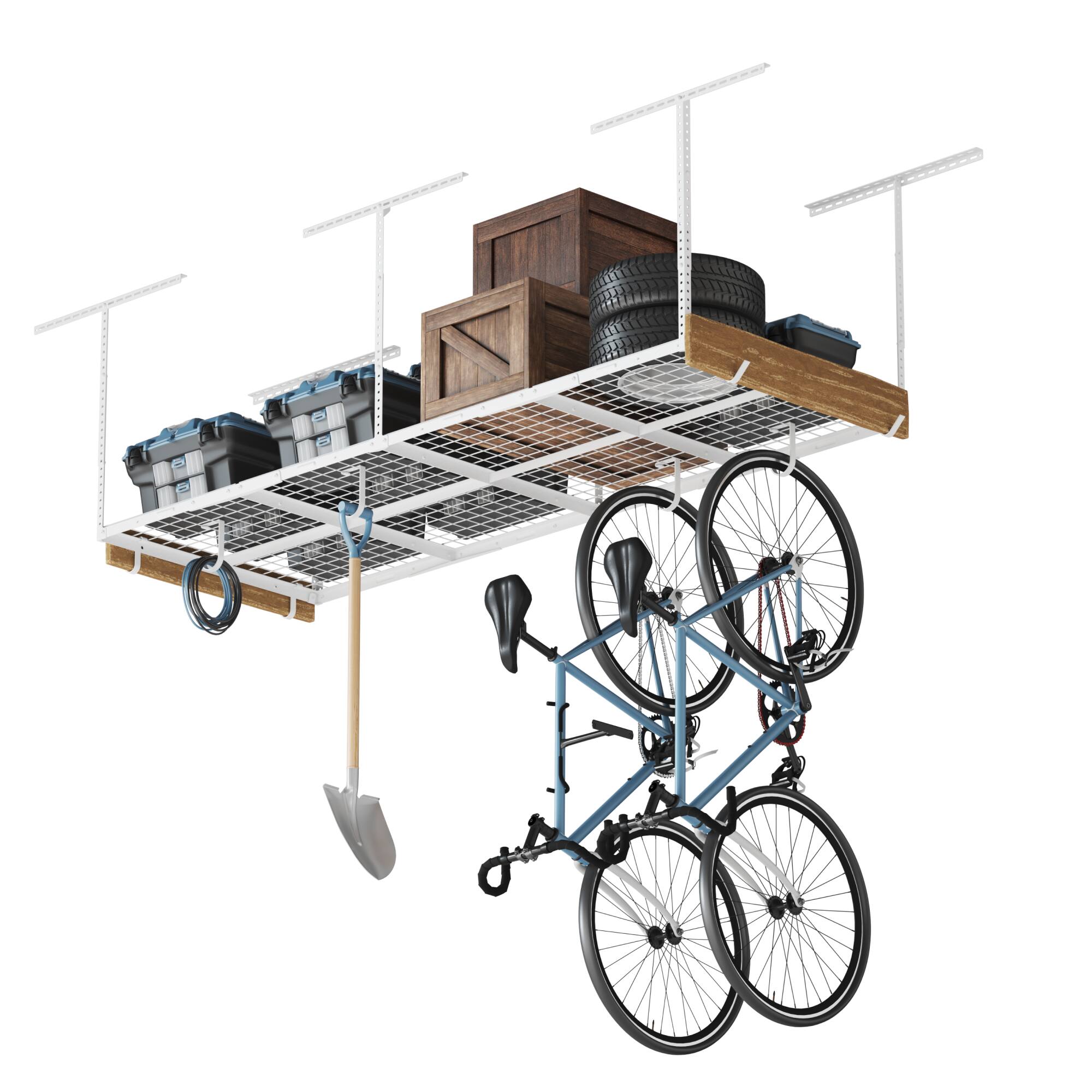 Left. Fleximounts - OHK Series 36 in. W x 96 in. D x 22-40 in. H Ceiling Mounted Overhead Garage Storage Rack with Accessory Hooks - White.