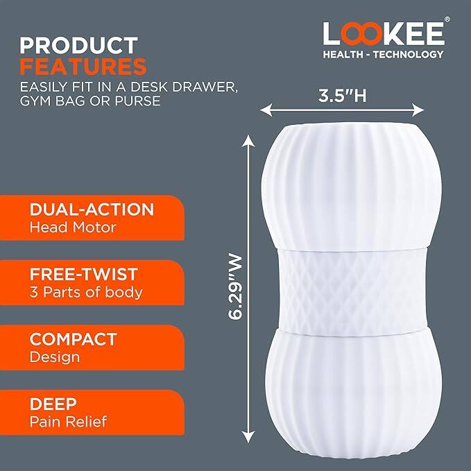 PRODUCT FEATURES: EASILY FIT IN A DESK DRAWER, GYM BAG OR PURSE

- DUAL-ACTION Head Motor
- FREE-TWIST 3 Parts of body
- COMPACT Design
- DEEP Pain Relief

Dimensions: 3.5"H x 6.29"W