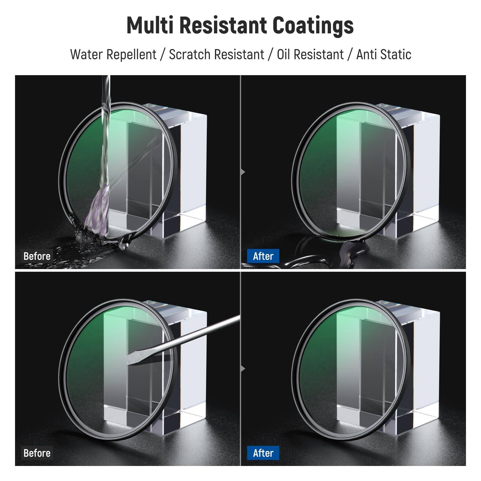 Multi Resistant Coatings  
Water Repellent / Scratch Resistant / Oil Resistant / Anti Static  

Before  
After  

Before  
After