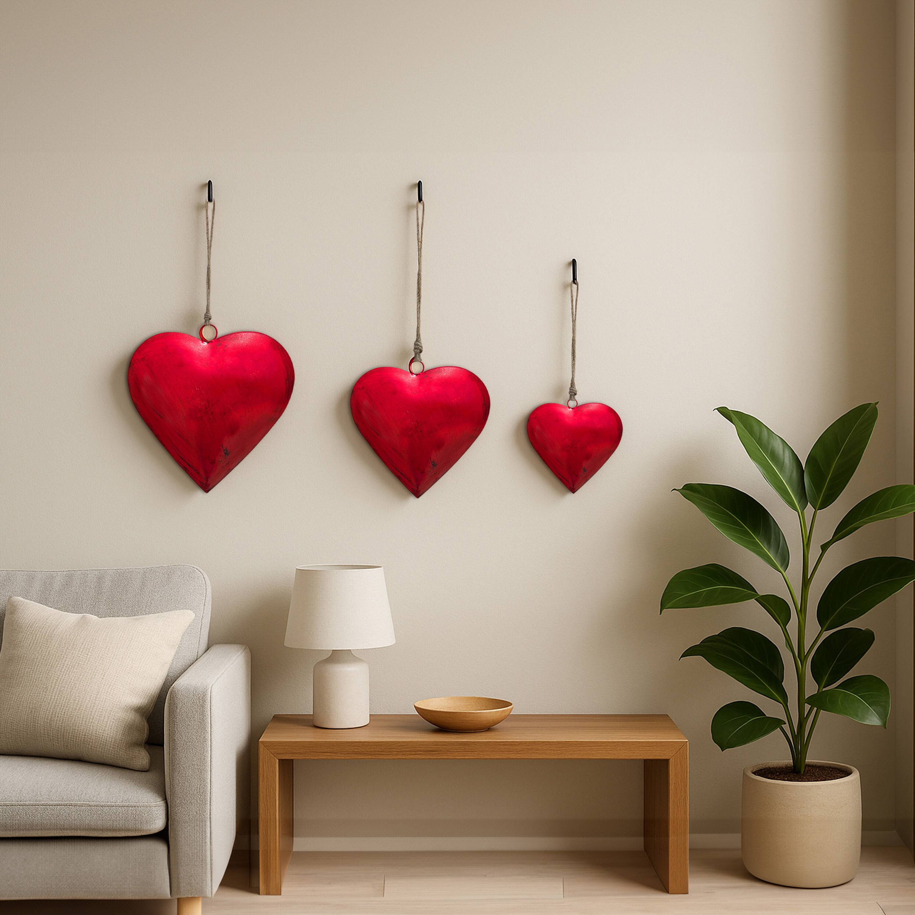 Alt View 9. Manhattan Lane - Myri Decorative Metal Heart Wall Decor Set of 3, Classic Red with Jute Hanging Rope, 12, 9.5, 7 Inches - Red.