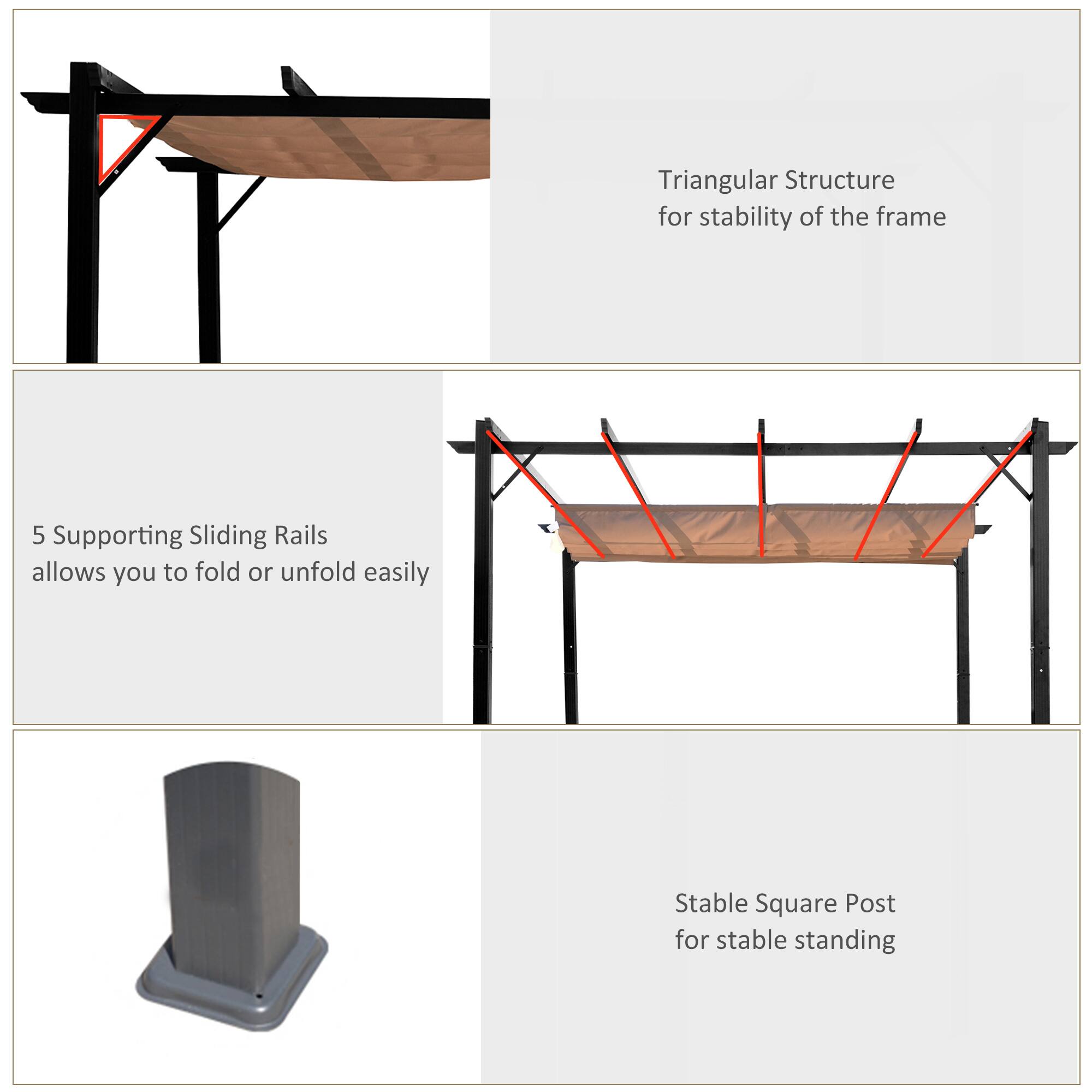 Triangular Structure for stability of the frame, 5 Supporting Sliding Rails allows you to fold or unfold easily, Stable Square Post for stable standing