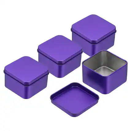 Front. Unique Bargains - 4pcs Metal Tin Box, 2.4x1.5" Square Tinplate Lid, Portable Storage Candy Jars for Valentine's Day, Candle Jewelry - Dark Purple.