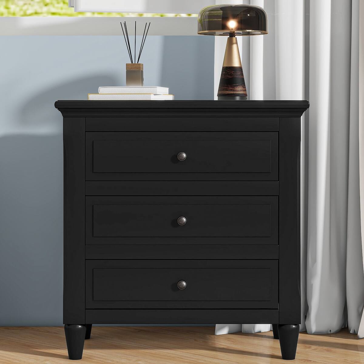 Front. Loheer - Loheer 3 Drawer Nightstand Black Painted Bedside Table with Smooth Glides - Black.