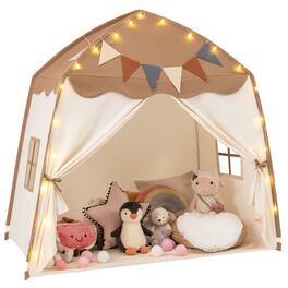 Gymax - Kids Play Tent w/Flags and Globe String Lights for 3-12 Years Old Indoor Outdoor Coffee - Beige, Coffee