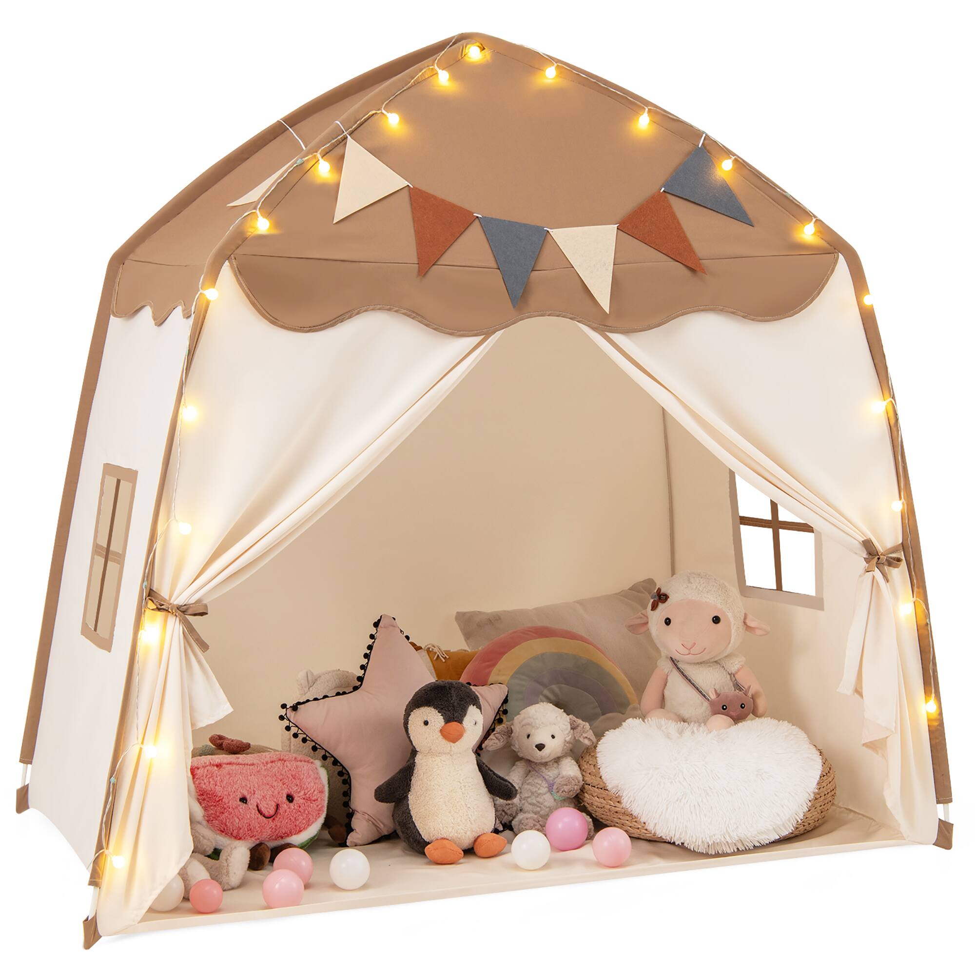 Gymax - Kids Play Tent w/Flags and Globe String Lights for 3-12 Years Old Indoor Outdoor Coffee - Beige, Coffee