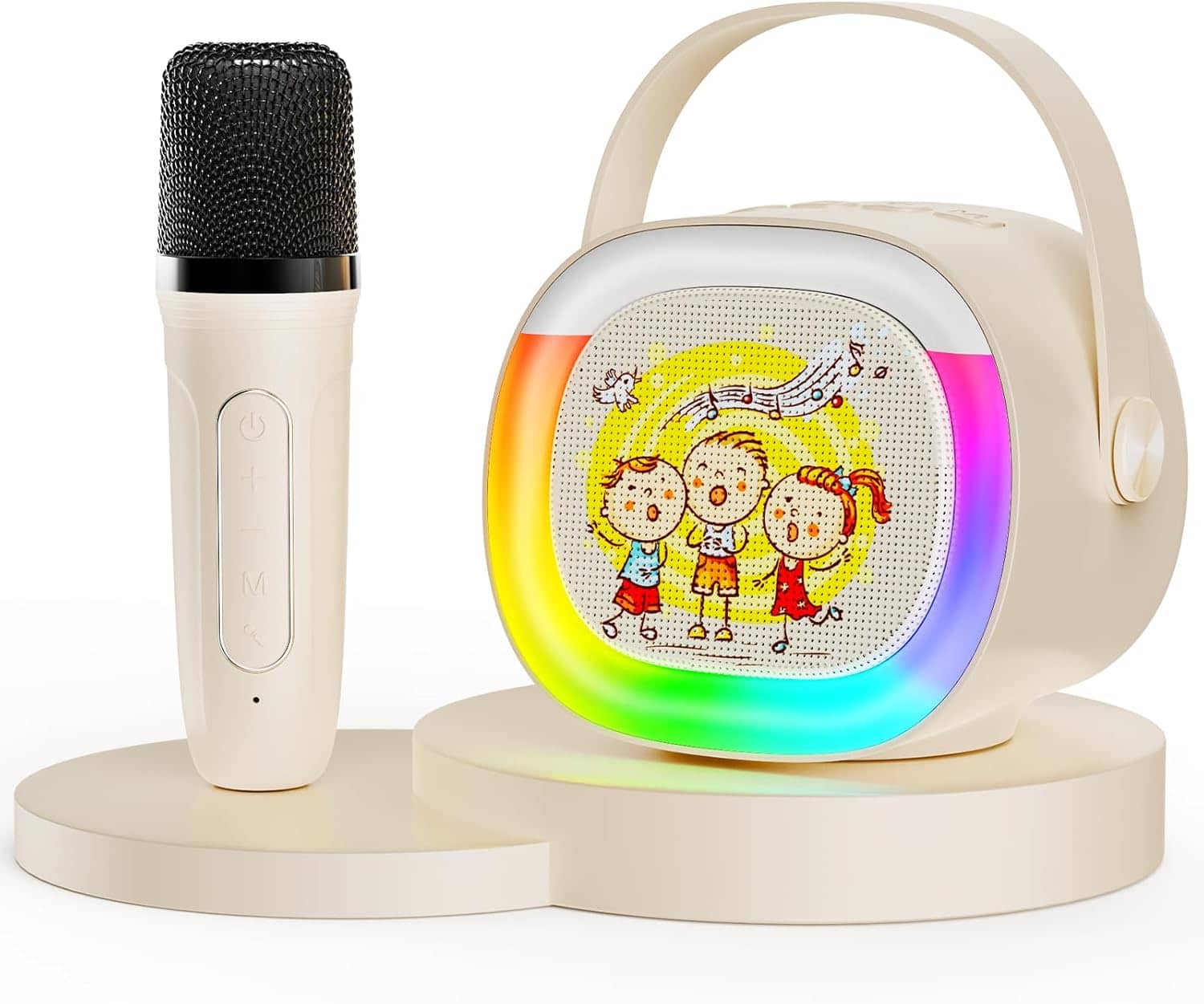 Stamp n Camp - Mini Karaoke Machine, Portable Bluetooth Speaker with Microphone for Kids Singing Home Party, Christmas Halloween Music - Ivory 1 Mic