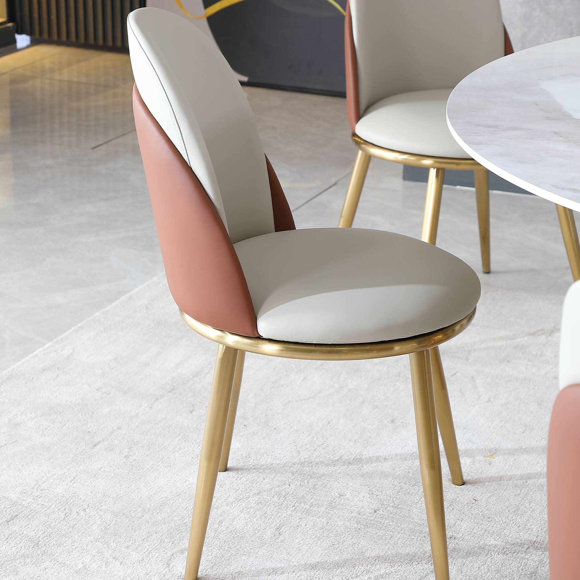 Alt View 4. Loheer - Loheer 59-Inch Round Sintered Stone Dining Table with 360-Degree Lazy Susan, White and Gold - White and Gold.