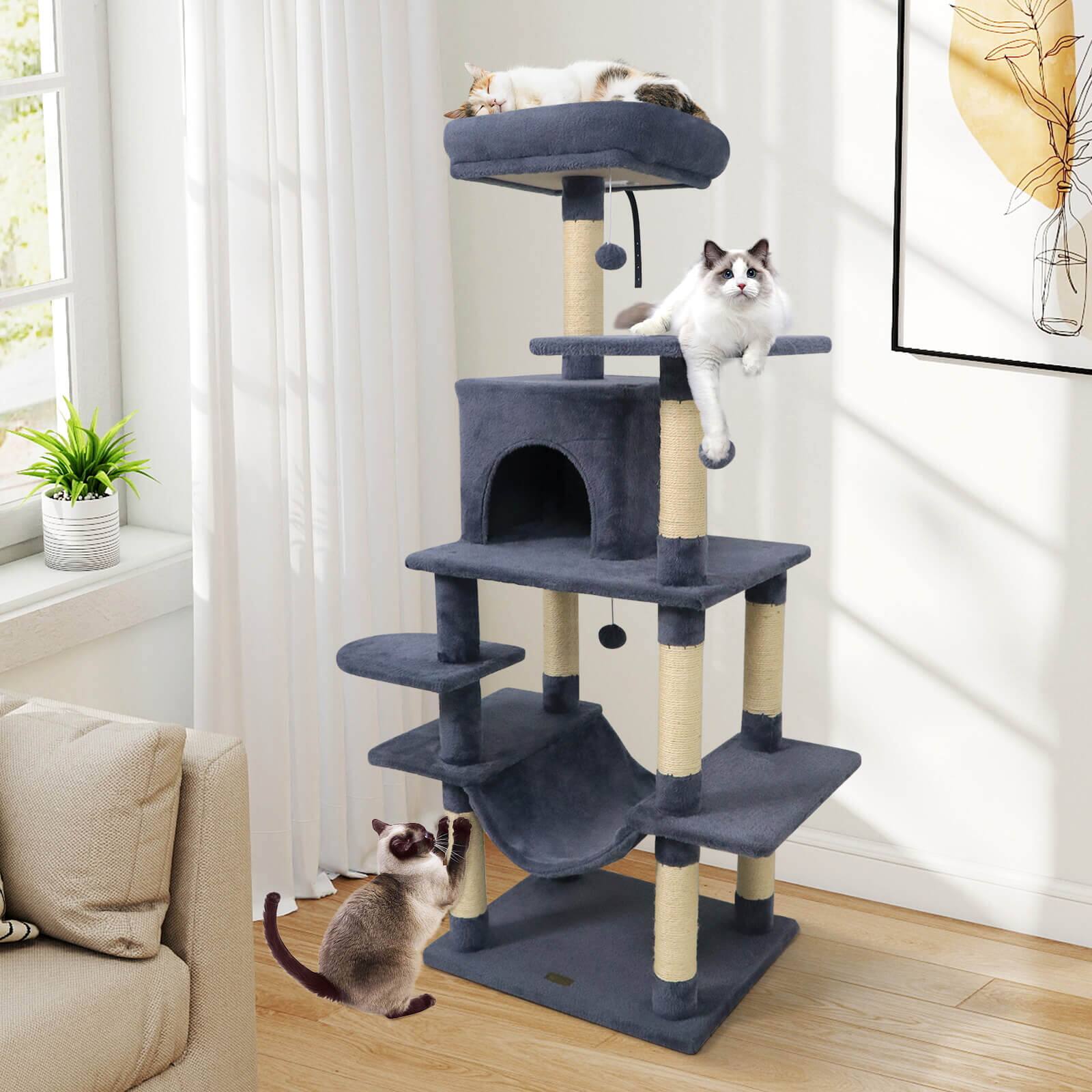 Alt View 3. Costway - Costway 58" Tall Multi-level Cat Tree with Upholstered Perch & Cat Condo, Comfy Hammock.