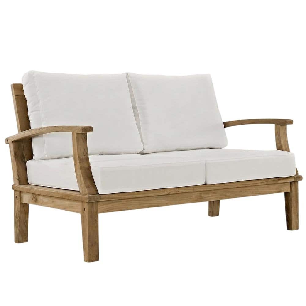 Outdoor Escape - Outdoor Patio Teak Loveseat With Cushioned Seating For Outdoor Relaxation - White