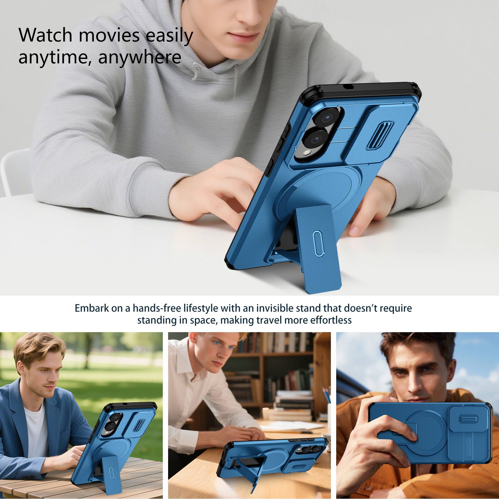 Watch movies easily anytime, anywhere

Embark on a hands-free lifestyle with an invisible stand that doesn't require standing in space, making travel more effortless