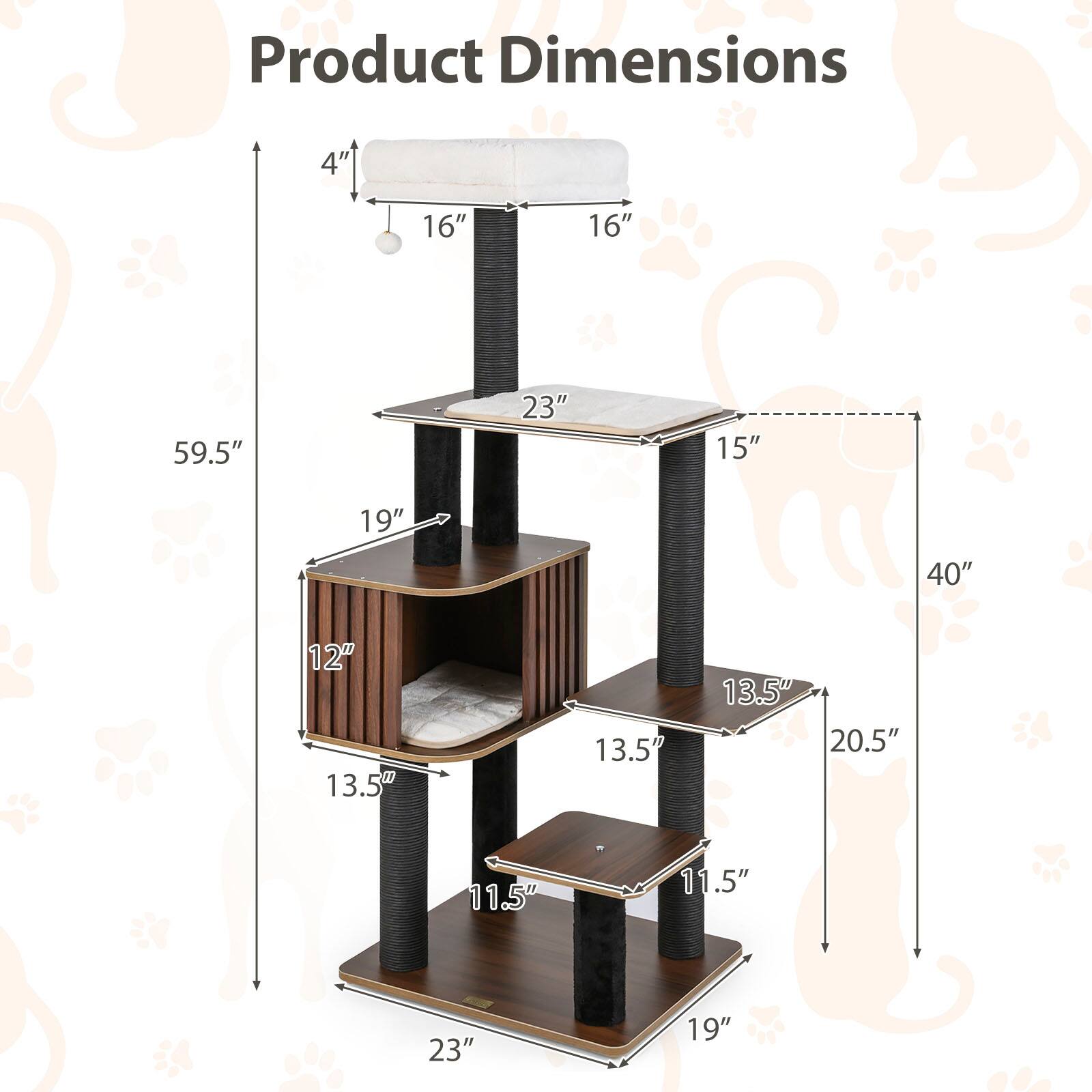 Product Dimensions:  
- Width: 40"  
- Depth: 23"  
- Height: 59.5"  
- Top Shelf: 16" (Width) x 16" (Depth)  
- Second Shelf: 13.5" (Width) x 13.5" (Depth)  
- Bottom Shelf: 19" (Width) x 19" (Depth)  
- Side Panels: 12" (Height)  
- Vertical Posts: 15" (Height)  
- Overall Width: 40"  
- Overall Depth: 23"  
- Overall Height: 59.5"
