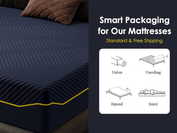 Smart Packaging for Our Mattresses  
Standard & Free Shipping  

Unbox  
Unrolling  
Expand  
Enjoy