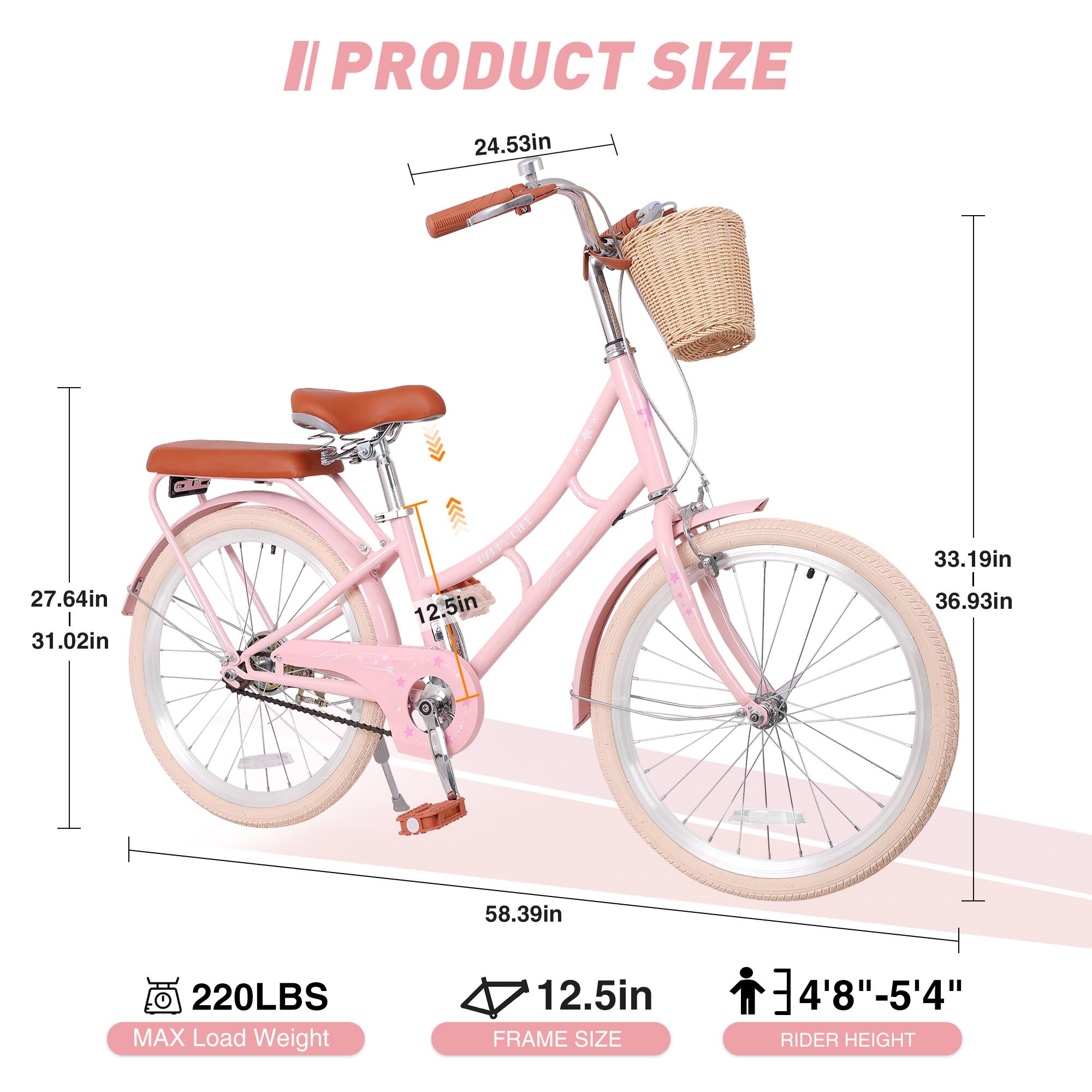 PRODUCT SIZE

- 24.53in
- 27.64in
- 31.02in
- 12.5in
- 33.19in
- 36.93in
- 58.39in

220LBS MAX Load Weight

12.5in FRAME SIZE

4'8" - 5'4" RIDER HEIGHT