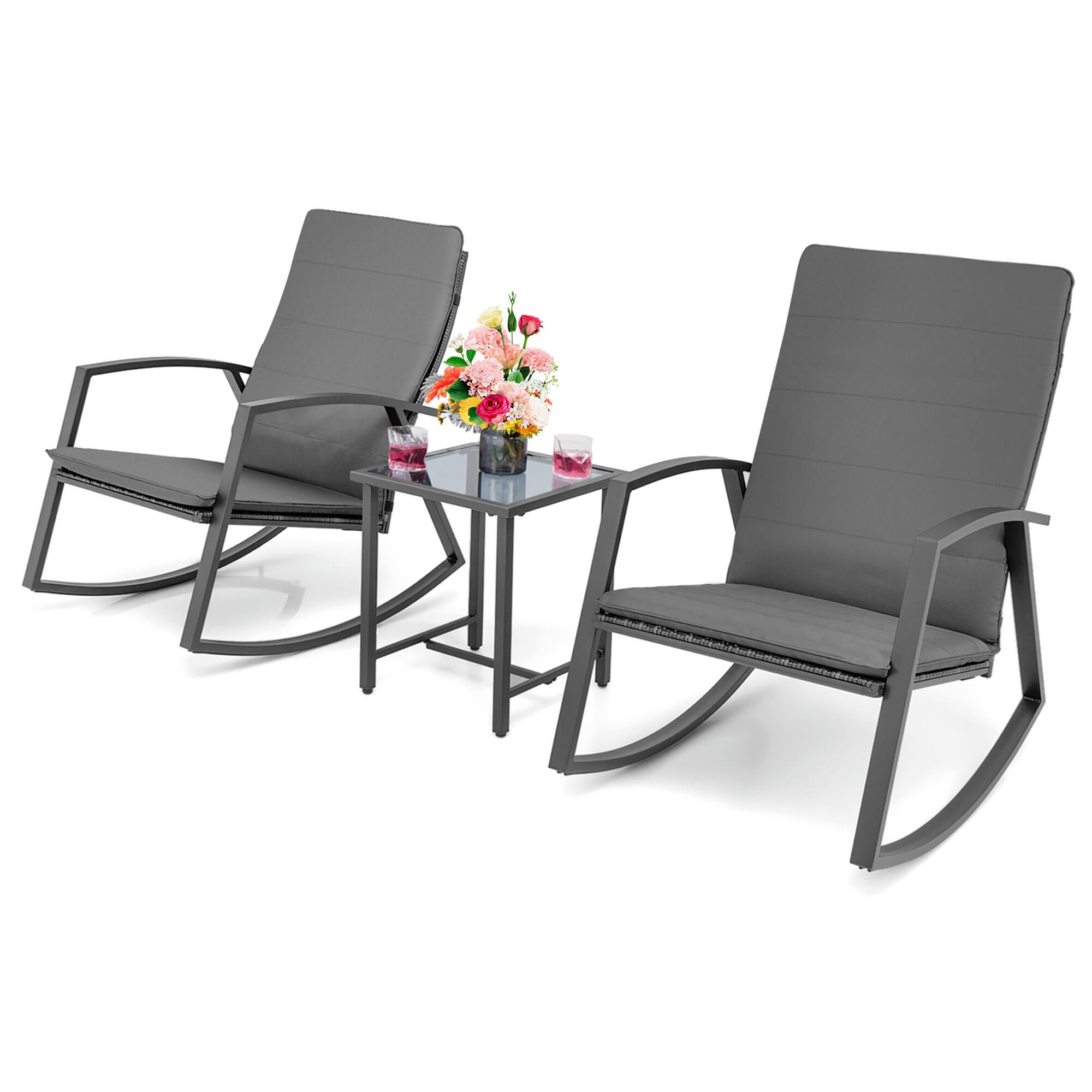 Alt View 1. Gymax - Gymax 3PCS Rattan Bistro Rocking Chair Set Patio Furniture Set w/ Gray Cushions - Gray.