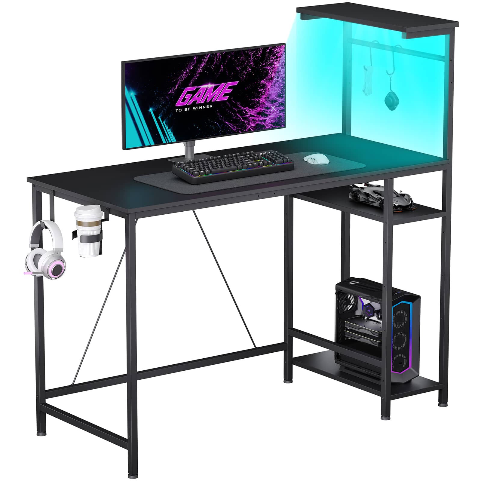 GTPlayer - 42 in L-Shaped Gaming Desk with LED Lights Corner Desk with 3-Tier Storage Compact Computer Desk - Black