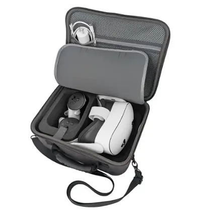 Front. CASEMATIX - Custom Protective Case with Shoulder Strap for Meta Quest 3S, 3 and 2 VR Headsets and Accessories - Gray.