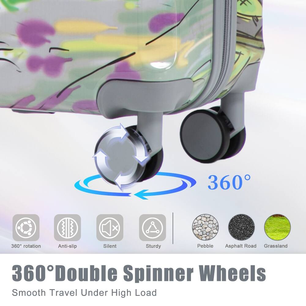360° Double Spinner Wheels  
Smooth Travel Under High Load  

360° rotation  
Anti-slip  
Silent  
Sturdy  
Pebble  
Asphalt Road  
Grassland