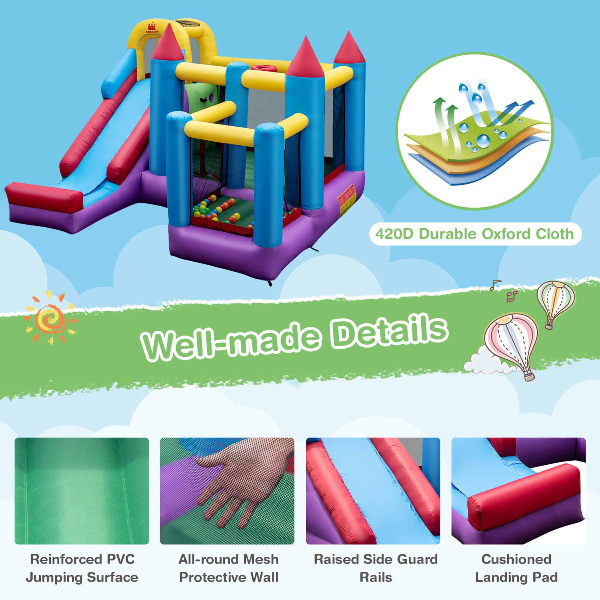 - 420D Durable Oxford Cloth
- Well-made Details
- Reinforced PVC Jumping Surface
- All-round Mesh Protective Wall
- Raised Side Guard Rails
- Cushioned Landing Pad