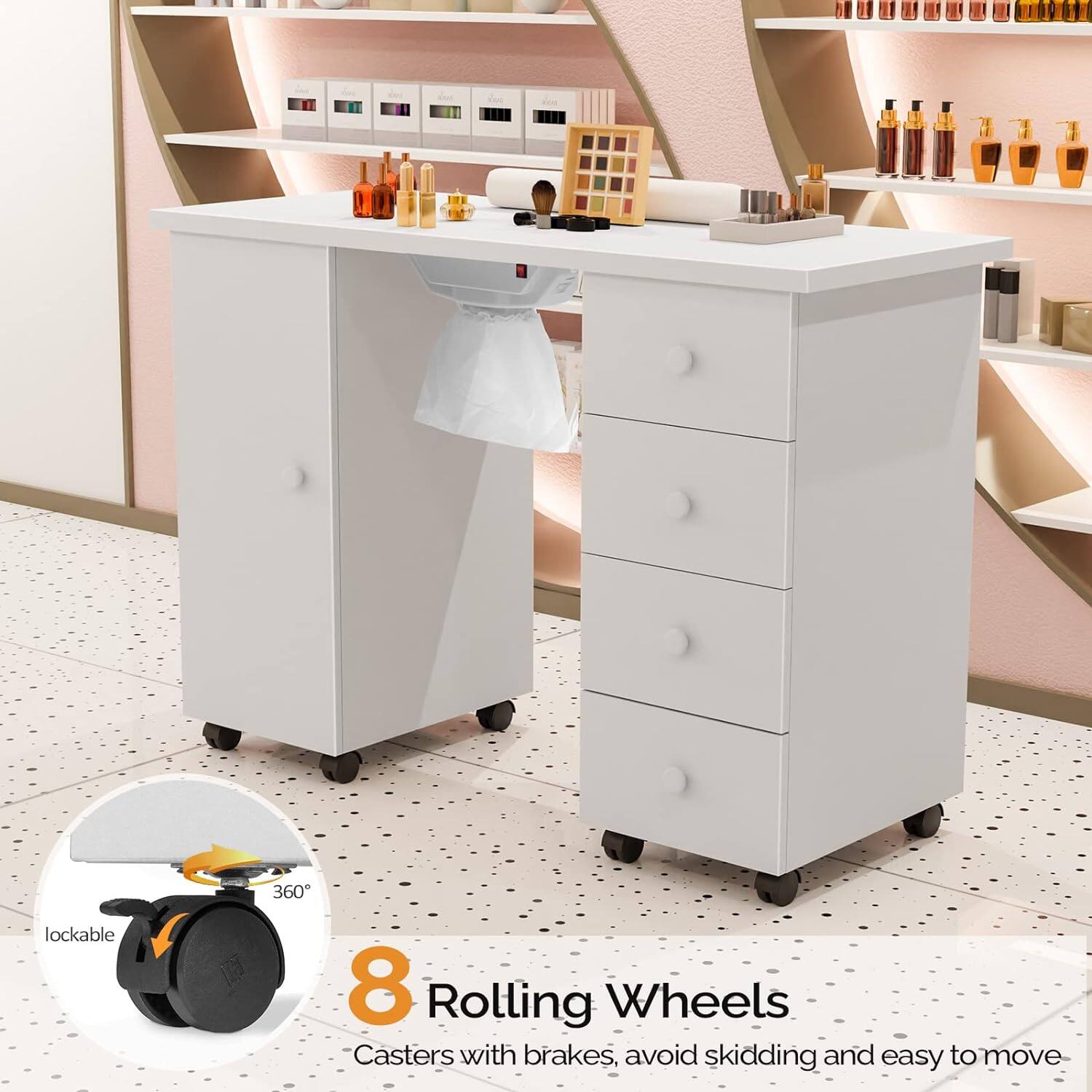 8 Rolling Wheels  
Casters with brakes, avoid skidding and easy to move.  
Lockable 360°