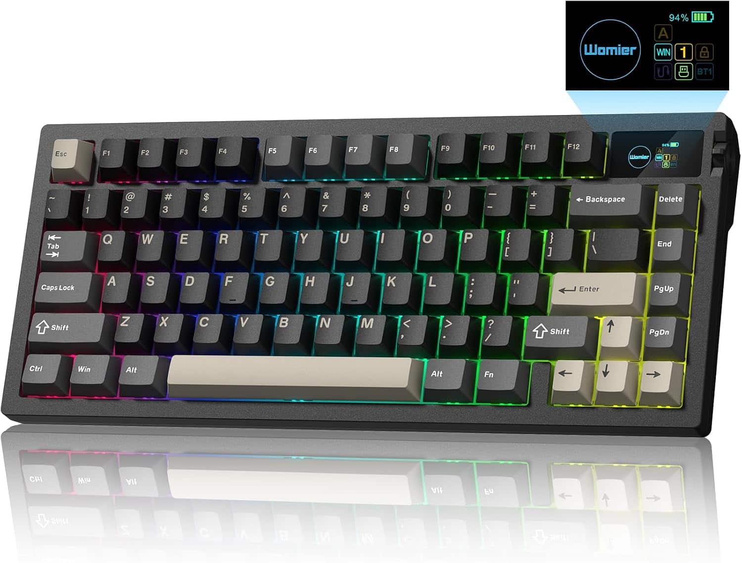 Womier - Wireless Gaming Keyboard, 75% Mechanical Keyboard with Smart Display and Knob Gasket Mount RGB Backlit for PC Mac - Black
