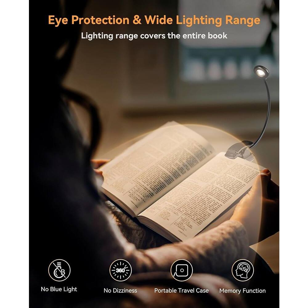 Eye Protection & Wide Lighting Range  
Lighting range covers the entire book  

- No Blue Light  
- No Dizziness  
- Portable Travel Case  
- Memory Function
