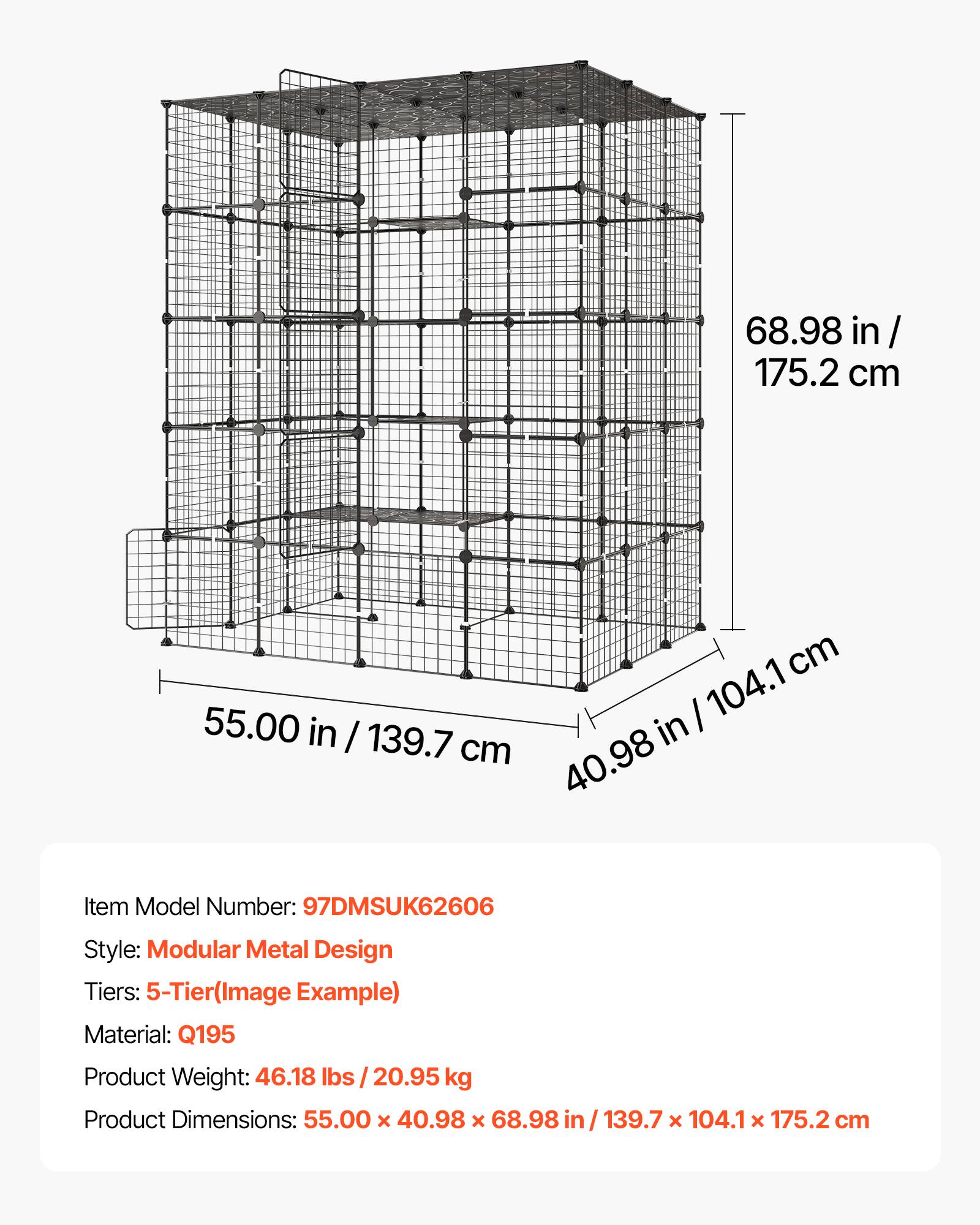 68.98 in / 175.2 cm  
55.00 in / 139.7 cm  
40.98 in / 104.1 cm  

Item Model Number: 97DMSUK62606  
Style: Modular Metal Design  
Tiers: 5-Tier (Image Example)  
Material: Q195  
Product Weight: 46.18 lbs / 20.95 kg  
Product Dimensions: 55.00 x 40.98 x 68.98 in / 139.7 x 104.1 x 175.2 cm