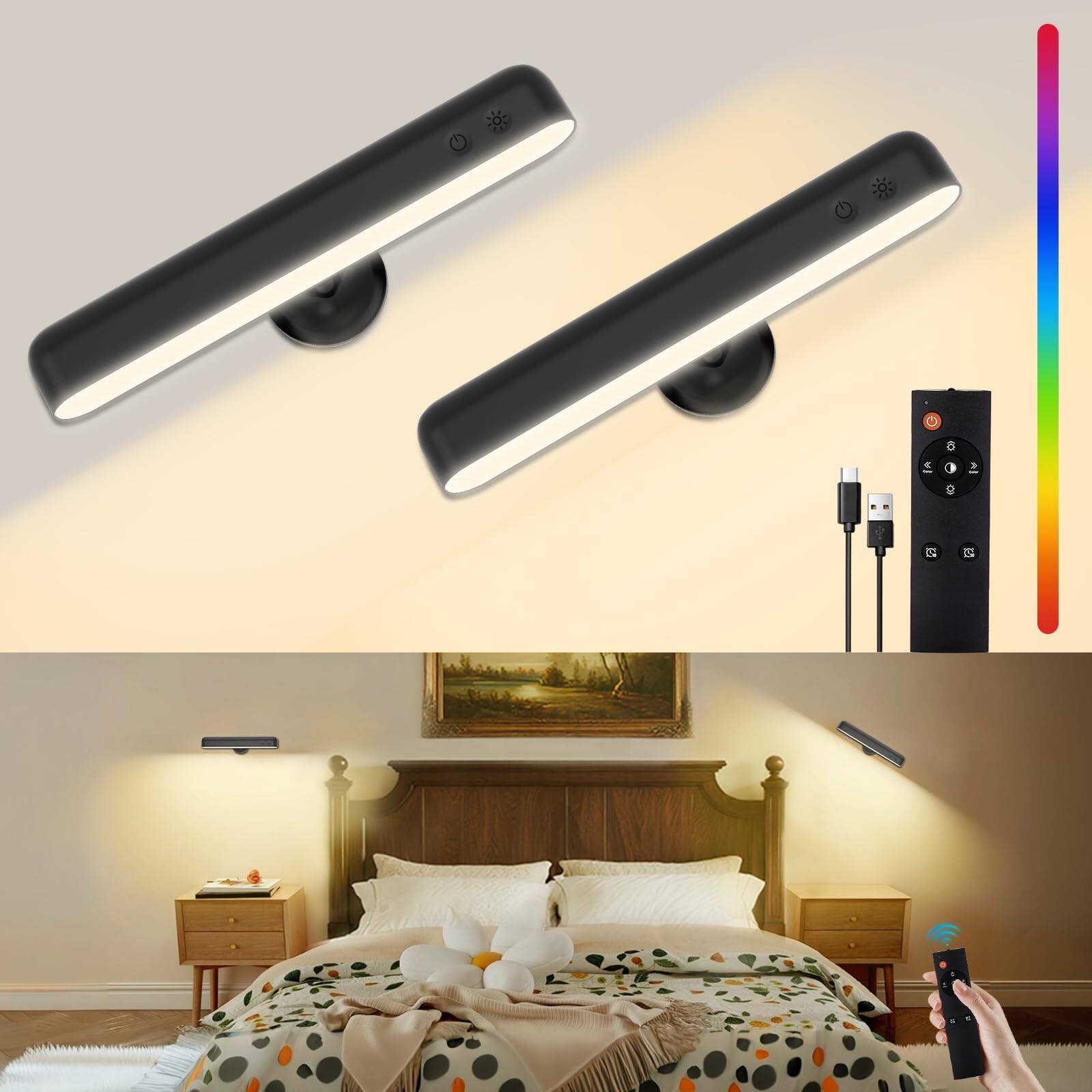 HM 1810 - Operated Wall Sconces Set Of Two mah Rechargeable Led Lights For Bedroom With Remote Control rotate Colors - BLACK-2