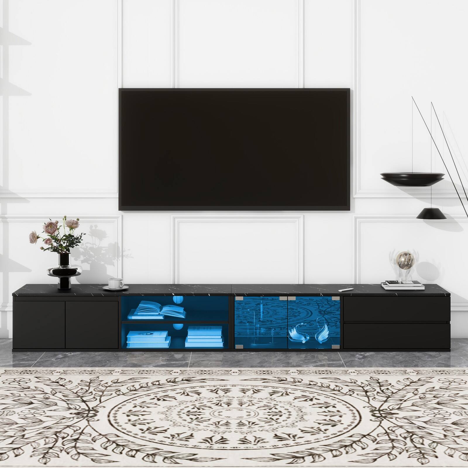 Alt View 8. Ecooso - Modern APP Controlled LED TV Stand for TVs Up to 105'', Faux Marble Tabletop， Tempered Glass Doors,2 Drawers & Cabinets - Black.