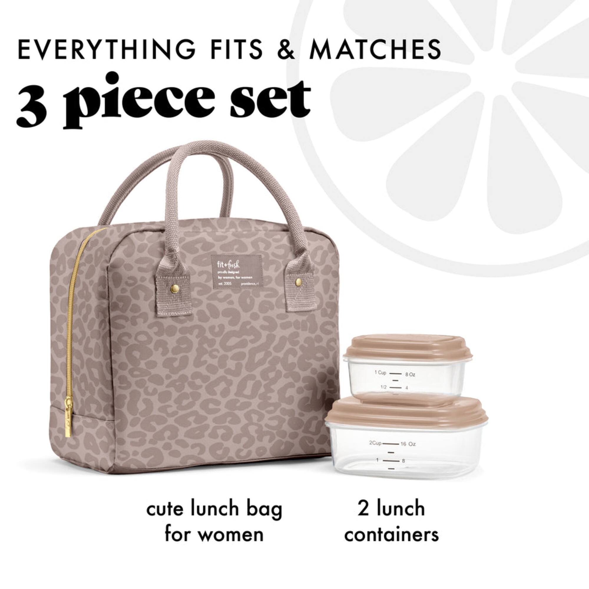 EVERYTHING FITS & MATCHES  
3 piece set  

cute lunch bag for women  
2 lunch containers  

1 Cup = 8 Oz  
1/2 = 4  
2 Cup = 16 Oz  
1 = 8