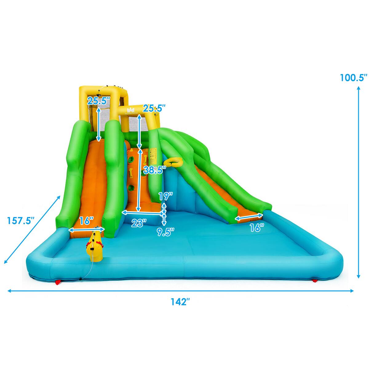 The text on the image reads: "100.5" 25.5" W 25.5" E - I 38.5" 19" 157.5" 16" 23" 9.5" 16" 142". This information is likely related to the dimensions and measurements of a slide or inflatable playground.