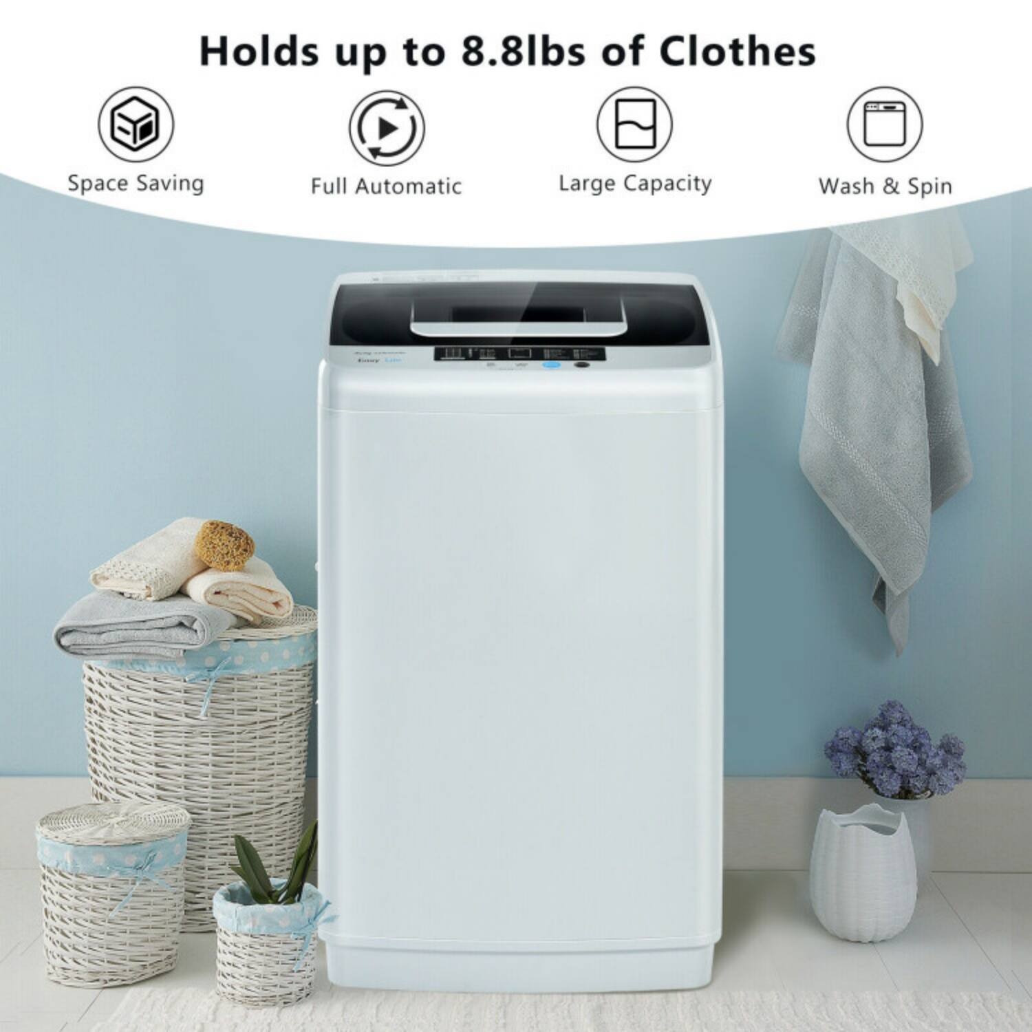 Holds up to 8.8lbs of Clothes

- Space Saving
- Full Automatic
- Large Capacity
- Wash & Spin
