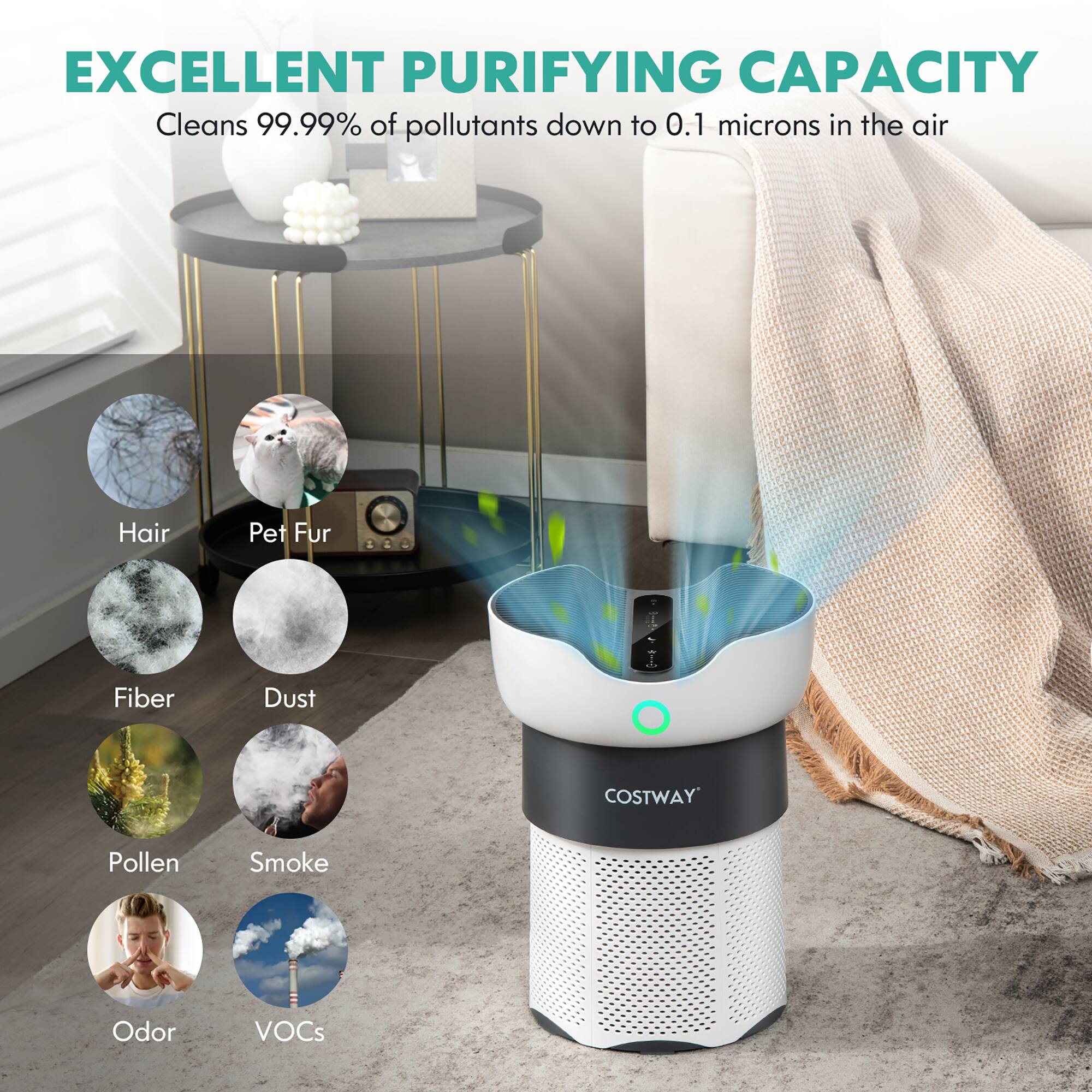 EXCELLENT PURIFYING CAPACITY  
Cleans 99.99% of pollutants down to 0.1 microns in the air  

- Hair  
- Pet Fur  
- Fiber  
- Dust  
- Pollen  
- Smoke  
- Odor  
- VOCs  

COSTWAY