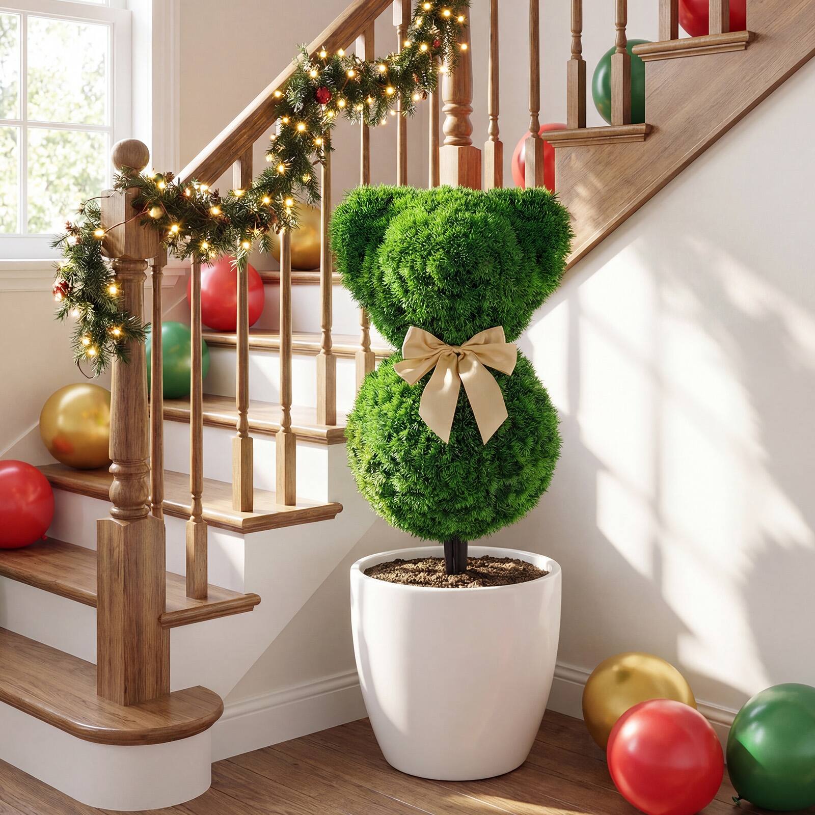 Alt View 4. Costway - Costway 2 Pcs Teddy Bear Topiary Trees, Sun-resistant Faux Boxwood Plants with Bowknot - Green + Golden.
