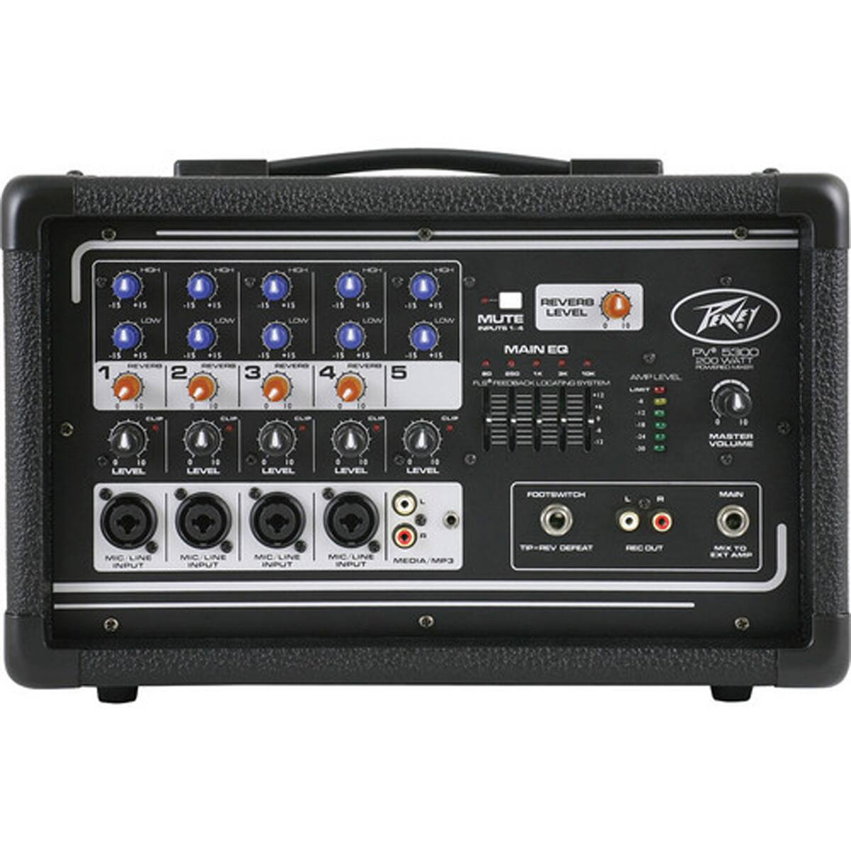1
HOH LOW 2
15 LOW LOW REVERS 3 4
5
LOW
REVERS LEVEL PINTEY MUTE MAIN EG PV* 5300 WATT X AMPLEVEL SYSTEM
14
10
MASTER VOLUME
LIVEL
# LEVEL
0 10 LEVEL
@ 10 LEVEL
10 LEVEL
FOOTSWITCH
R
MAIN
MIC LINE INPUT
MIC LINE INPUT
MIC LINE INPUT
MIC/LINE MEDIA INPUT
TO:REV DEFEAT
