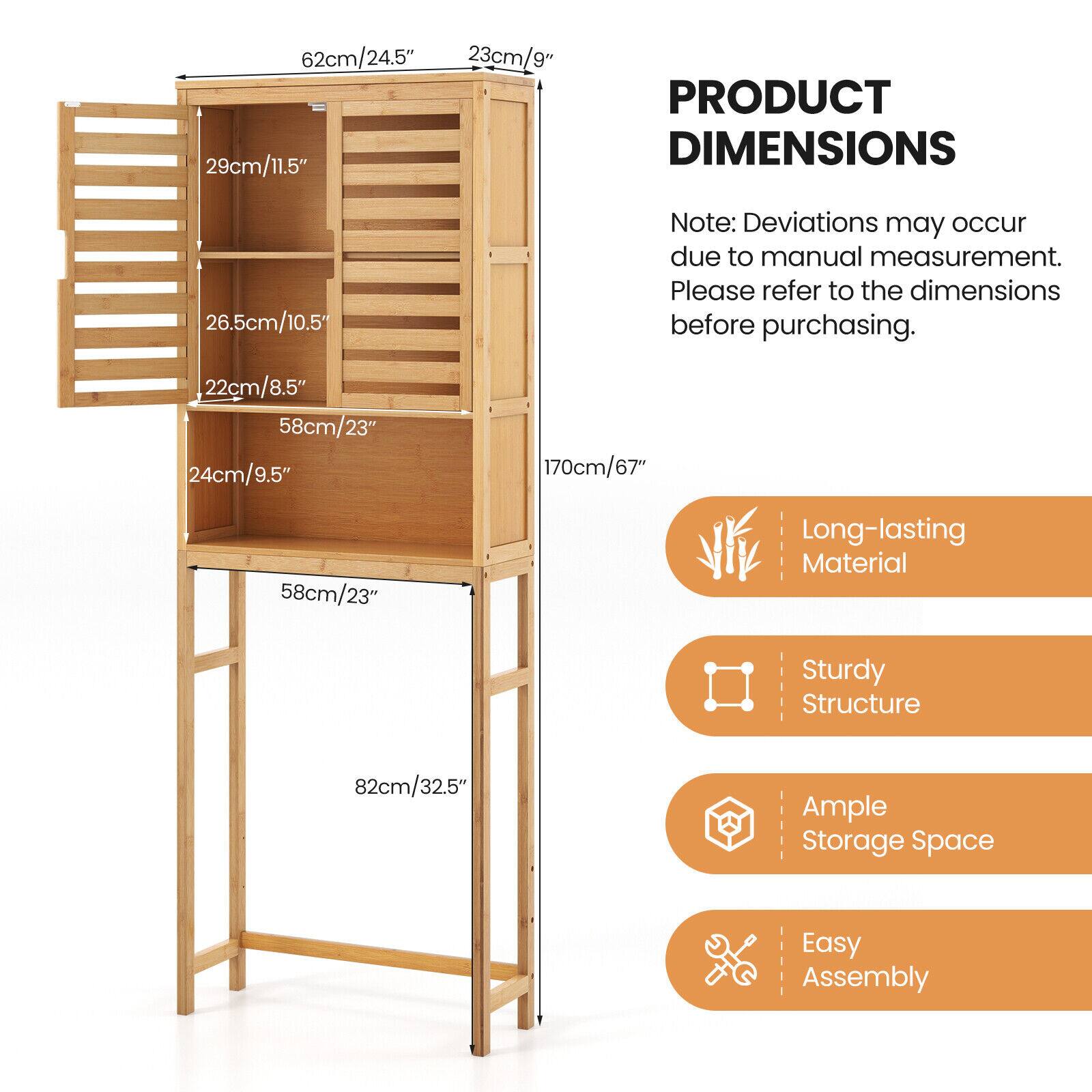 **PRODUCT DIMENSIONS**

- 62cm/24.5"
- 23cm/9"
- 29cm/11.5"
- 26.5cm/10.5"
- 22cm/8.5"
- 24cm/9.5"
- 58cm/23"
- 58cm/23"
- 82cm/32.5"
- 170cm/67"

*Note: Deviations may occur due to manual measurement. Please refer to the dimensions before purchasing.*

- Long-lasting Material
- Sturdy Structure
- Ample Storage Space
- Easy Assembly