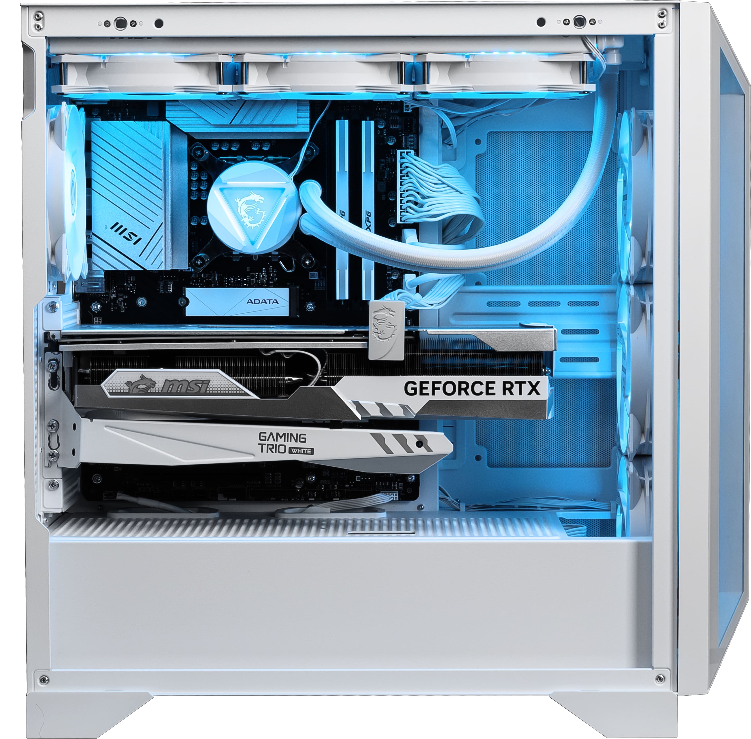 The text on the image reads: "III XPO ADATA 4 msi GEFORCE RTX GAMING TRIO PHITE." This text is likely a description of the components inside the computer case. The components include an ADATA memory card, a MSI motherboard, and a GeForce RTX graphics card. The phrase "GAMING TRIO PHITE" suggests that the components are designed for gaming purposes.