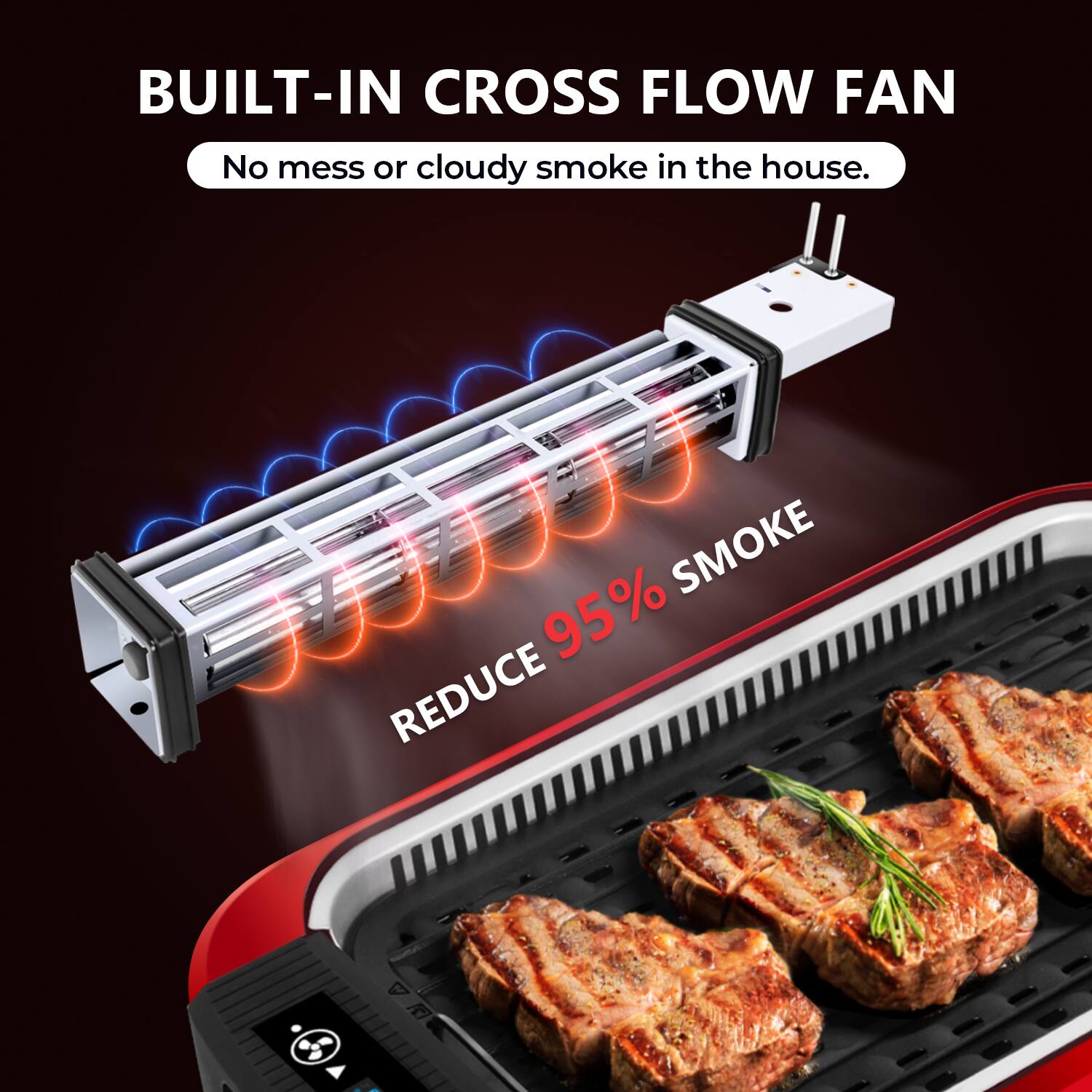 BUILT-IN CROSS FLOW FAN  
No mess or cloudy smoke in the house.  
REDUCE 95% SMOKE