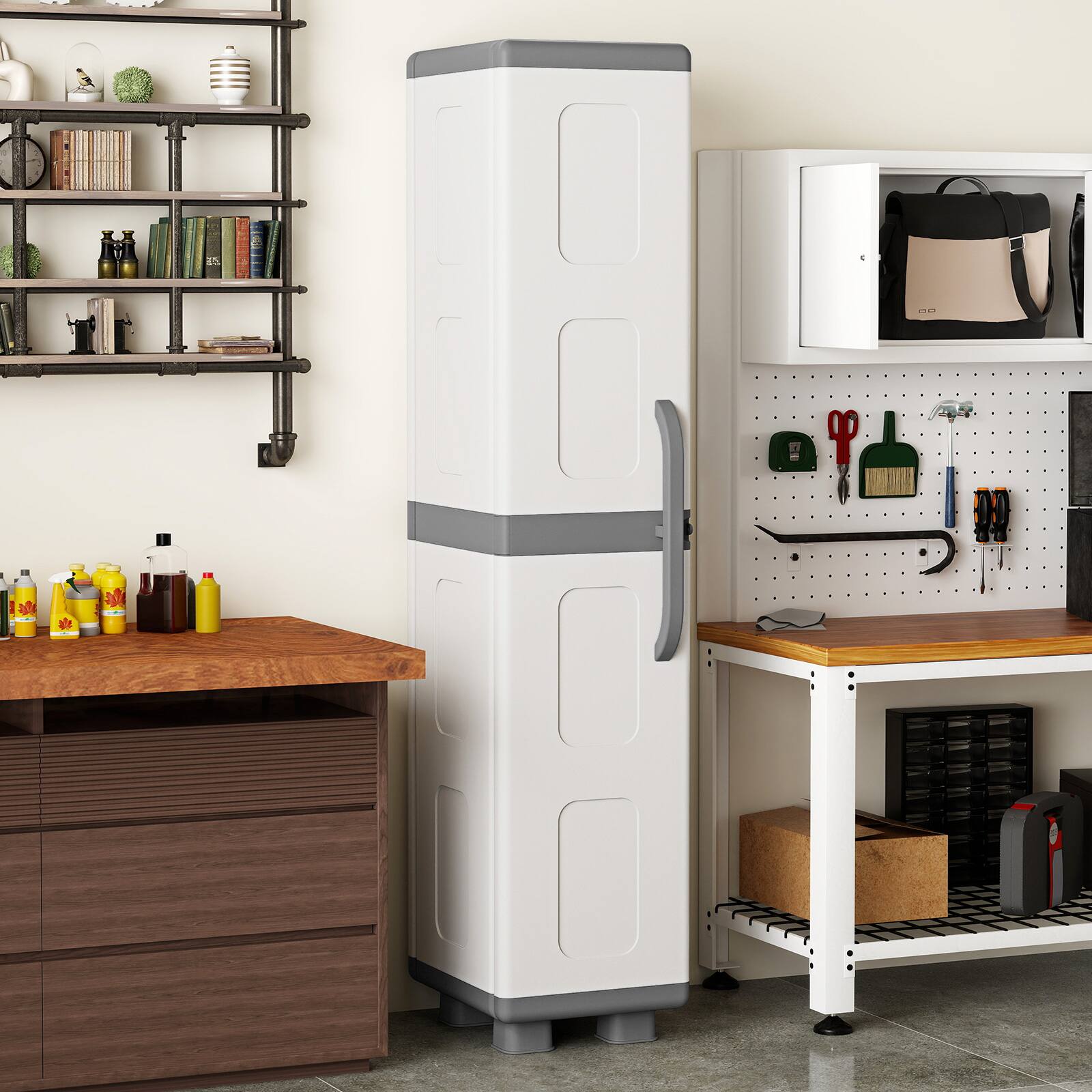 Alt View 4. Costway - Costway Slim Storage Cabinet with Single Door, Plastic Kitchen Pantry with 4 Shelves - Gray and White.
