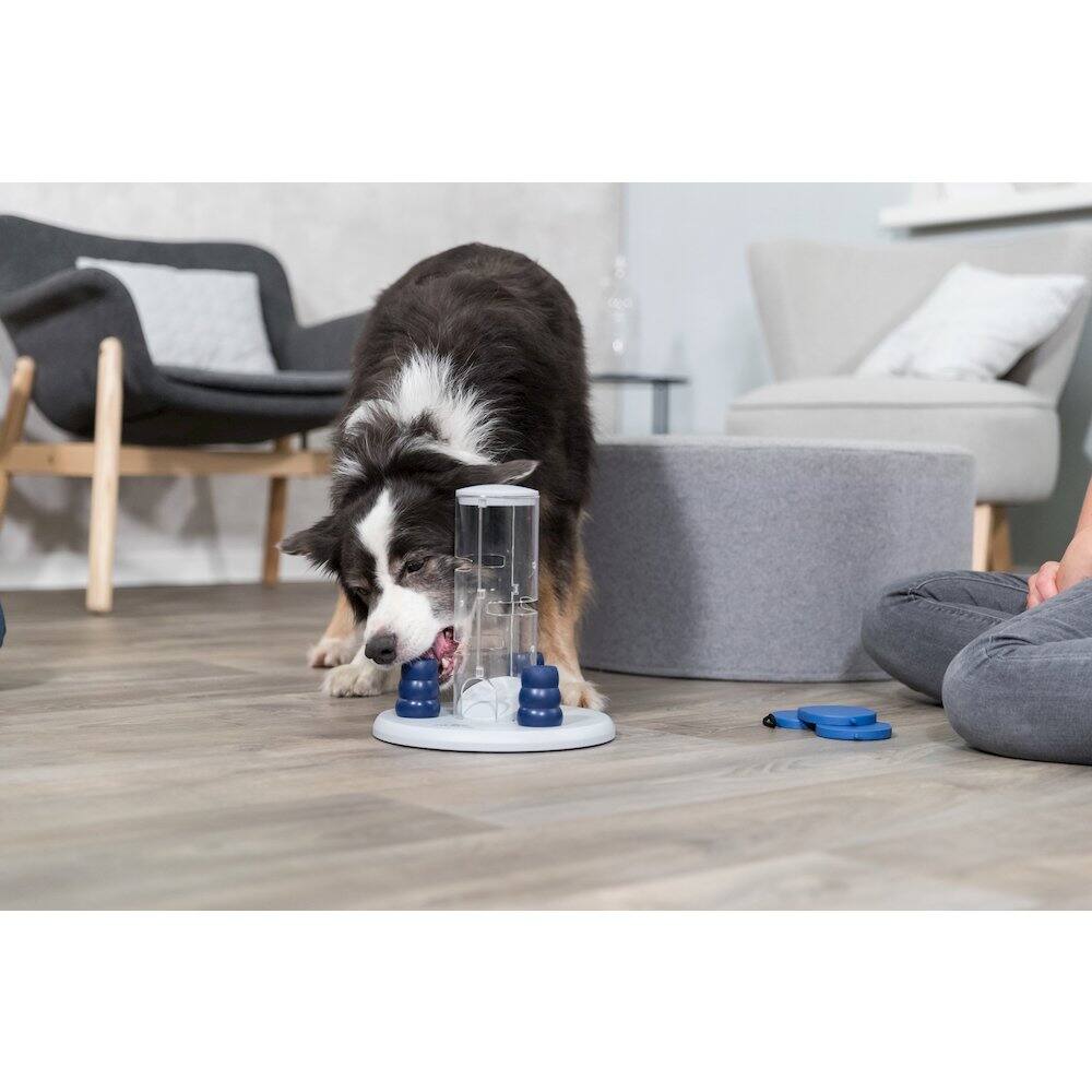 Left. TRIXIE - Dog Gambling Tower Strategy Game, Level 1, Beginner Dog Puzzle Toy - White/Blue.