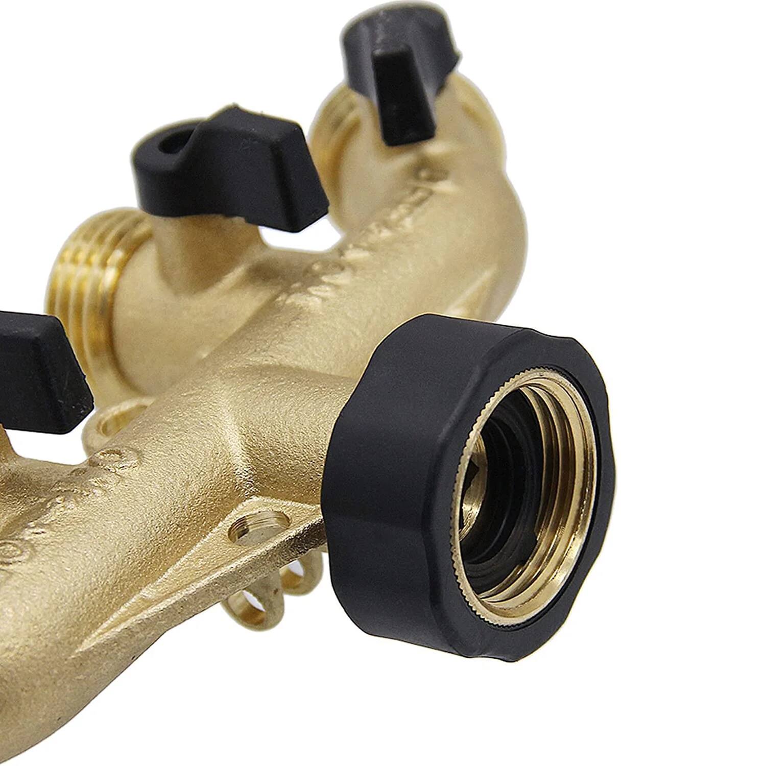 Left. MOVSSOU - Garden Hose Splitter Solid Brass Spigot Adapter Faucet Manifold with 4 Valves - Gold.