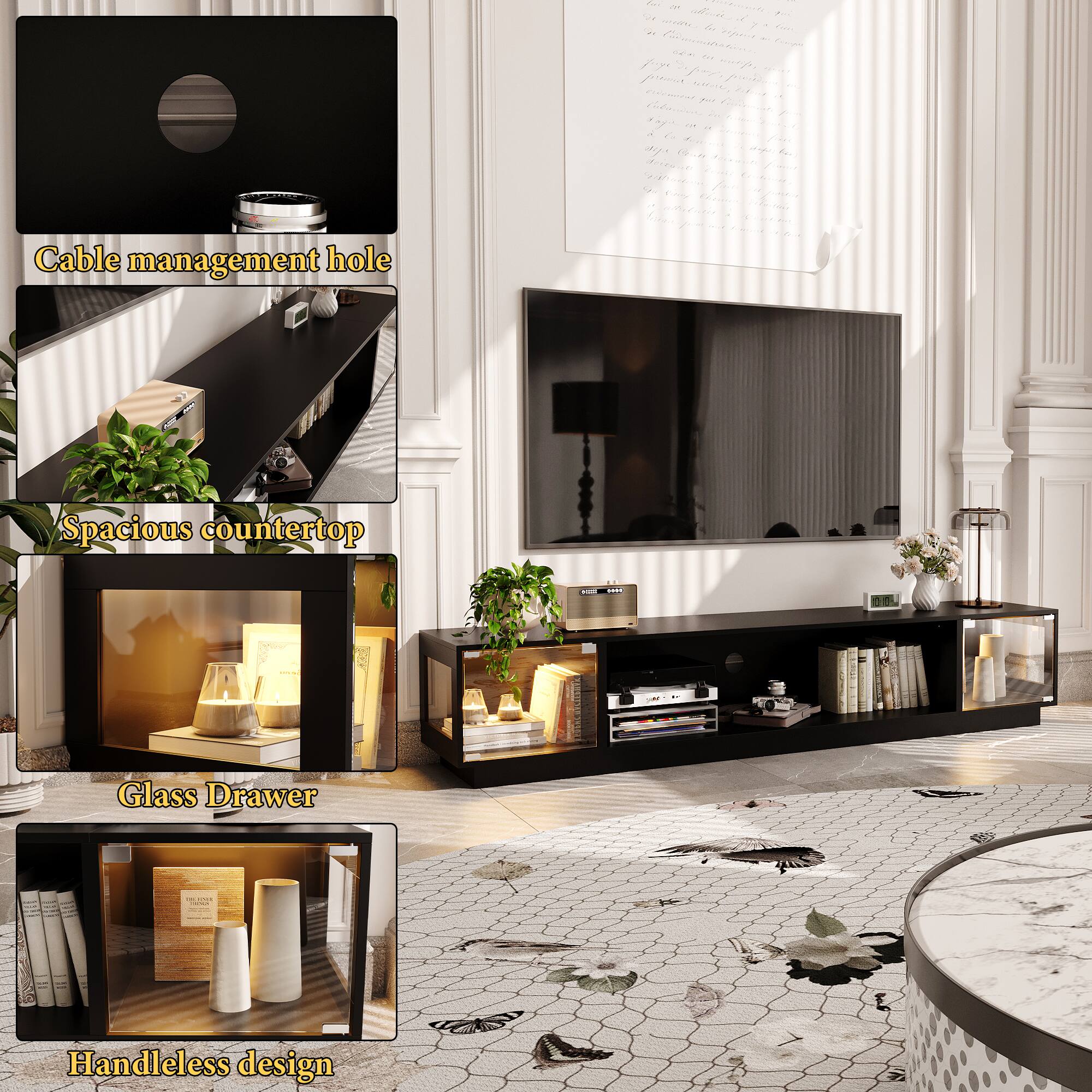 Cable management hole - 2 -t Or  . ie 2u  2 ighere C_ . 2 fr - - pro Noice . ! C -  - : . e A / d - ai 14  fe. di.e  /  . A  Ga  r f  - Spacious countertop - .d.. Glass Drawer Handleless design