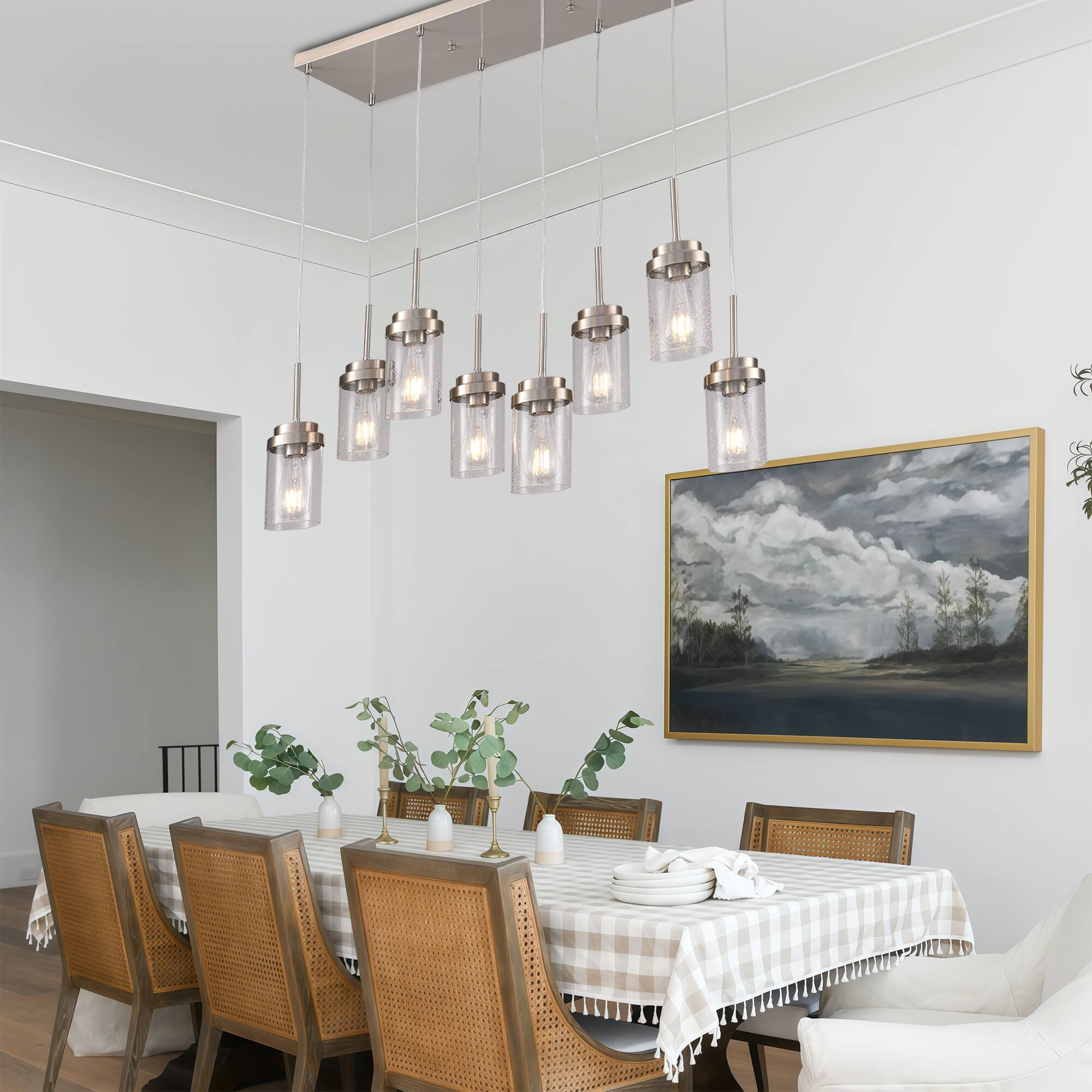 Left. RYHNUYNE - 8 Lights Kitchen Island Lighting, Modern Brushed Nickel Linear Chandelier, Dining Room Light Fixture for Kitchen Bar - Brushed Nickel.