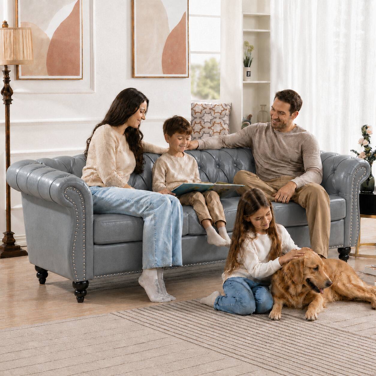 Angle. Anysun - 84" Faux Leather 3-Seat Chesterfield Sofa - Rolled Arm, Deep Seating, Button Tufted for Living Room & Office - Gray.