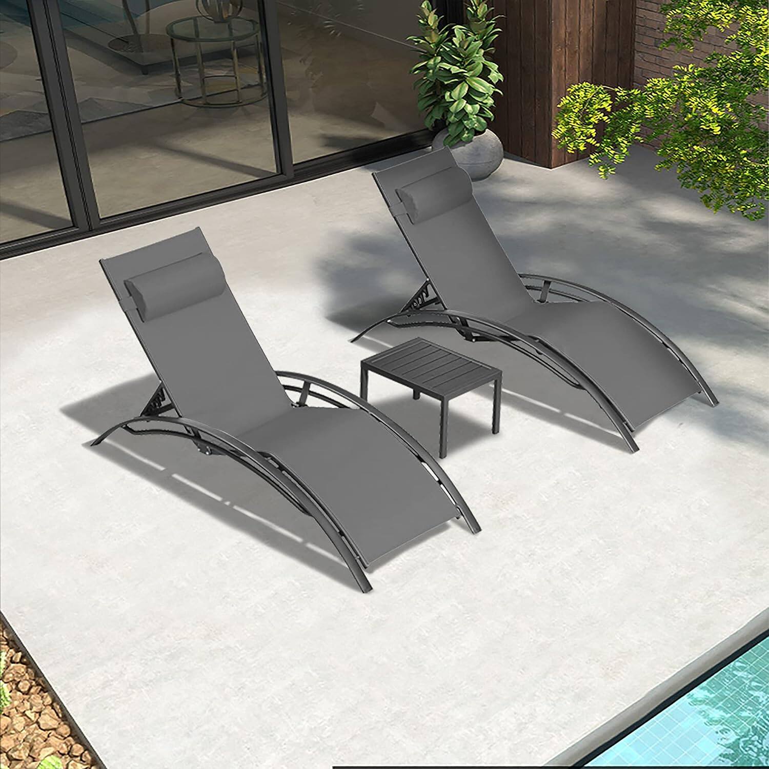 Alt View 2. PURPLE LEAF - 3-Pieces Aluminum Outdoor Chaise Lounge Patio Lounge Chair with Side Table - Grey.
