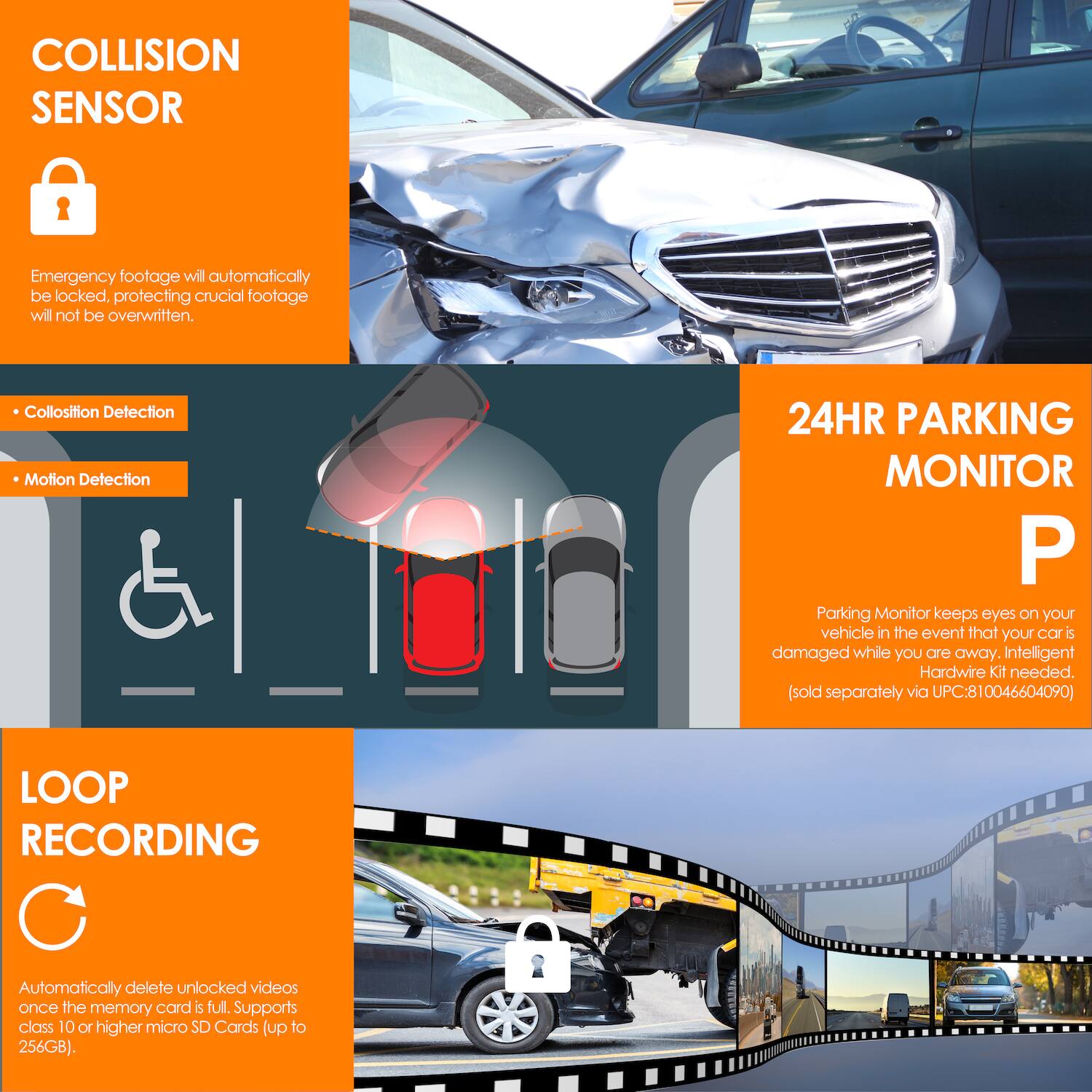 COLLISION SENSOR  
Emergency footage will automatically be locked, protecting crucial footage will not be overwritten.  
Collision Detection  
Motion Detection  

24HR PARKING MONITOR  
Parking Monitor keeps eyes on your vehicle in the event that your car is damaged while you are away. Intelligent Hardwire Kit needed. (sold separately via UPC:810046604090)  

LOOP RECORDING  
Automatically delete unlocked videos once the memory card is full. Supports class 10 or higher micro SD Cards (up to 256GB).