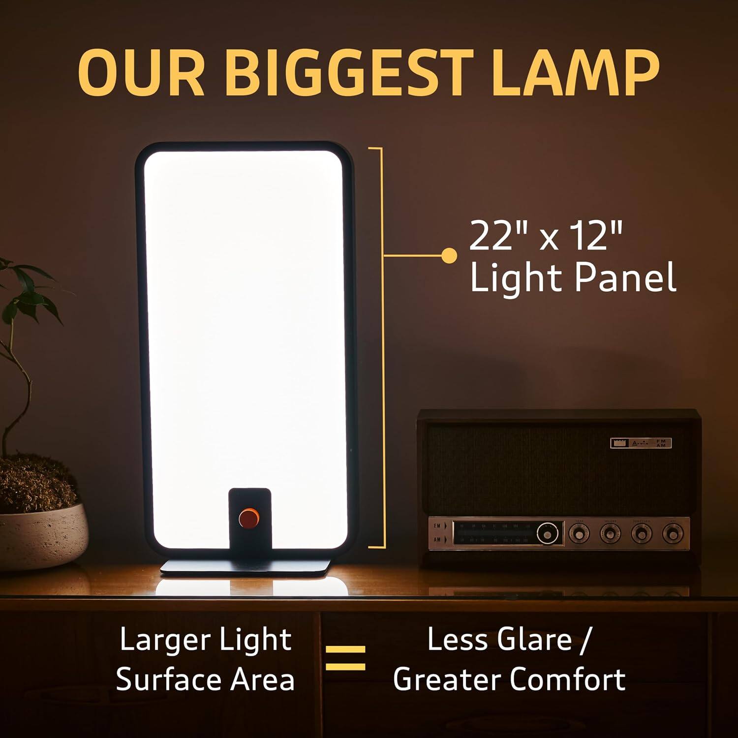 OUR BIGGEST LAMP

22" x 12" Light Panel

Larger Light Surface Area = Less Glare / Greater Comfort