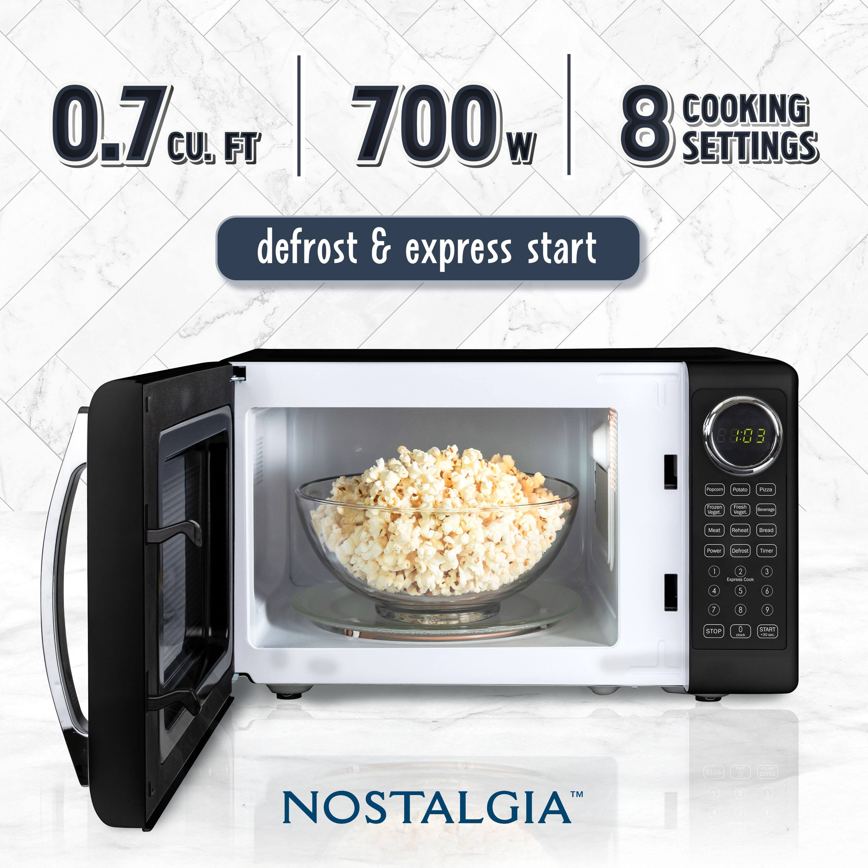 0.7 cu. ft. | 700w | 8 cooking settings  
defrost & express start  

NOSTALGIA™